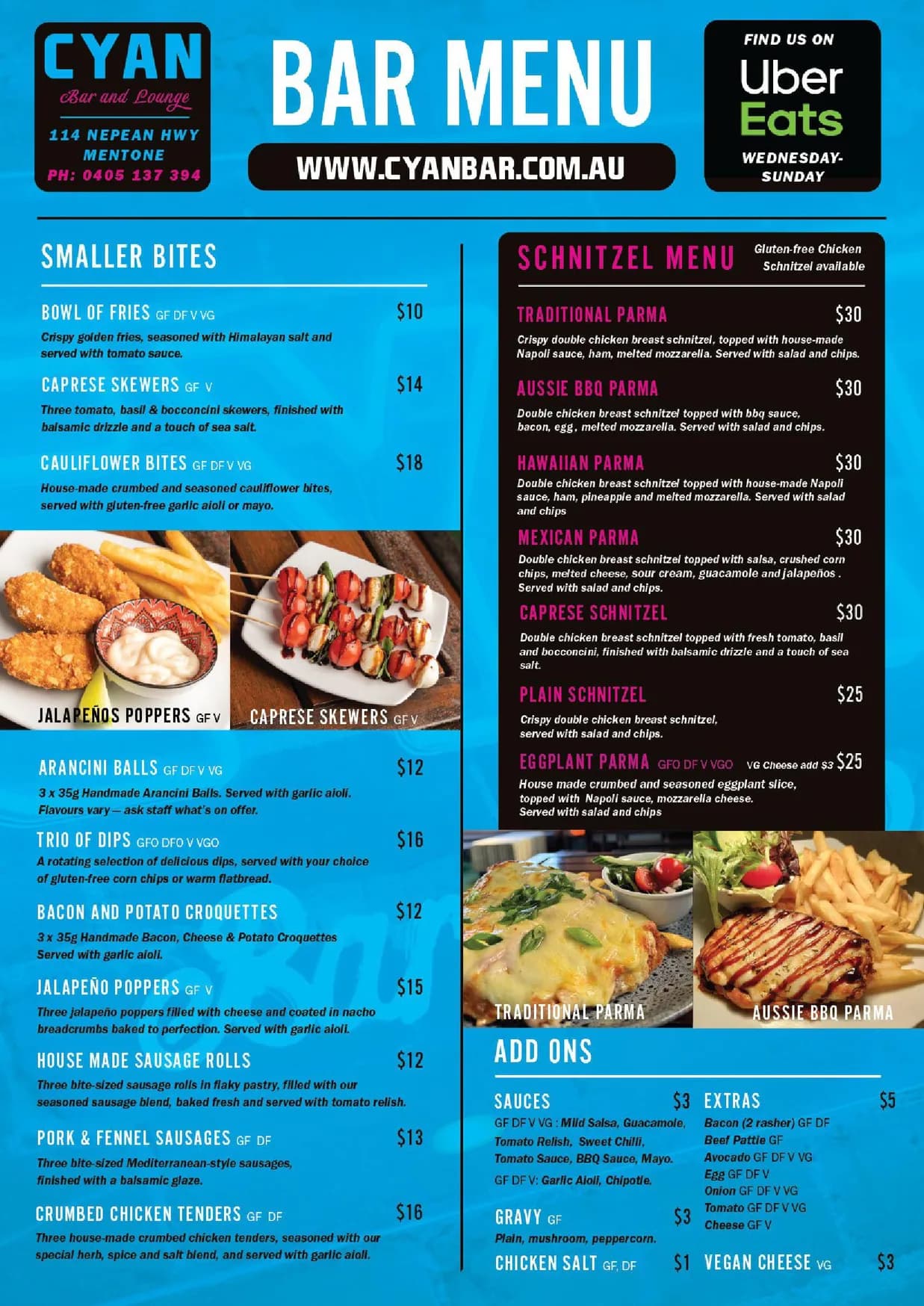 Cyan Bar & Lounge menu, page 1