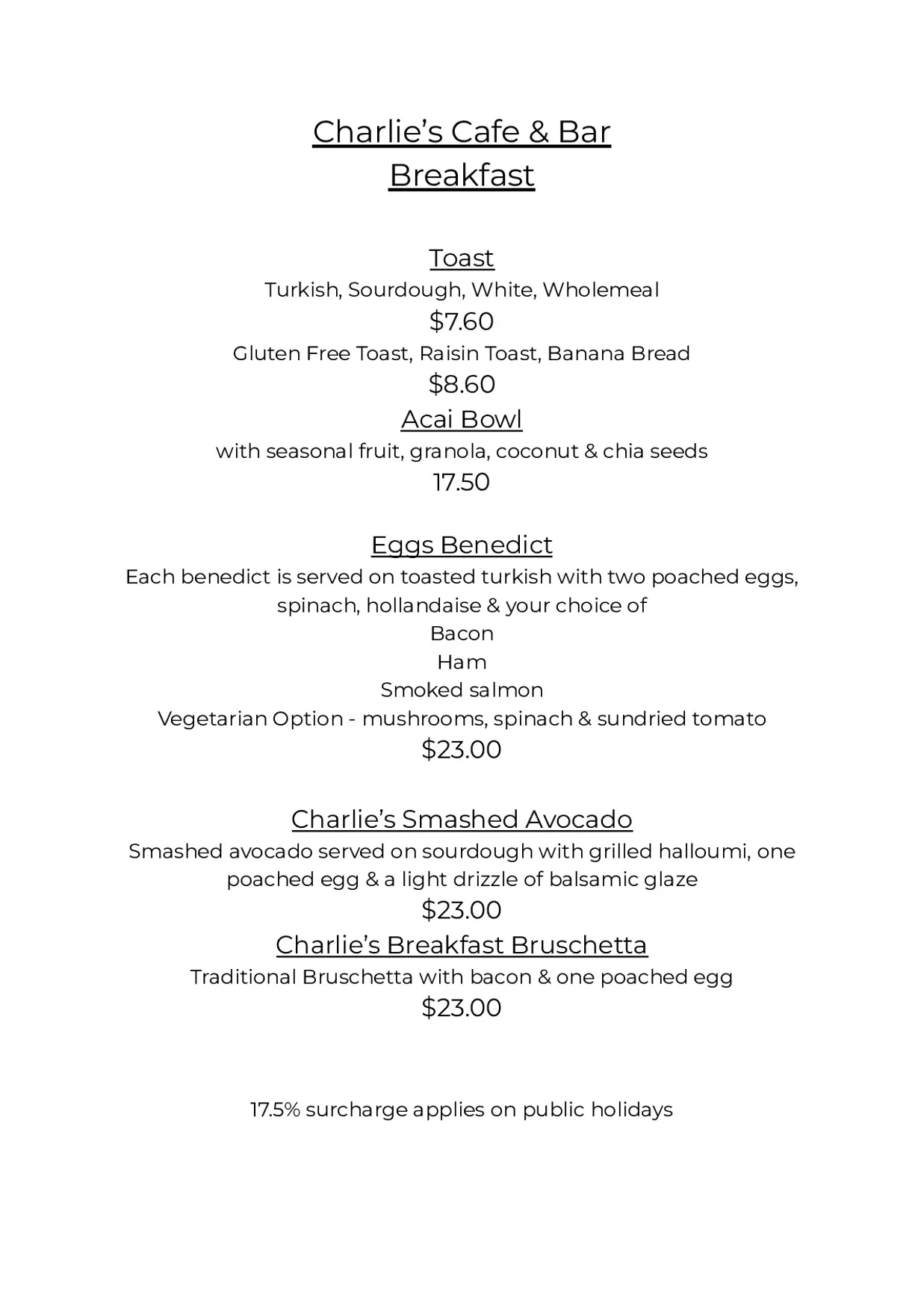 Charlie’s Cafe and Bar menu, page 9