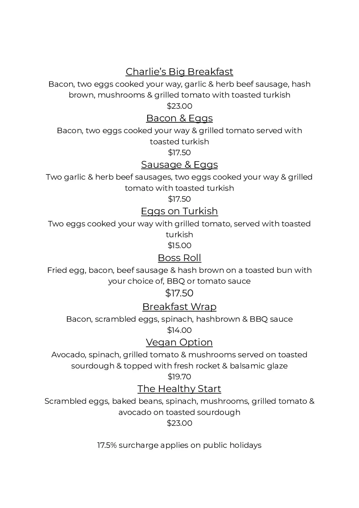 Charlie’s Cafe and Bar menu, page 10