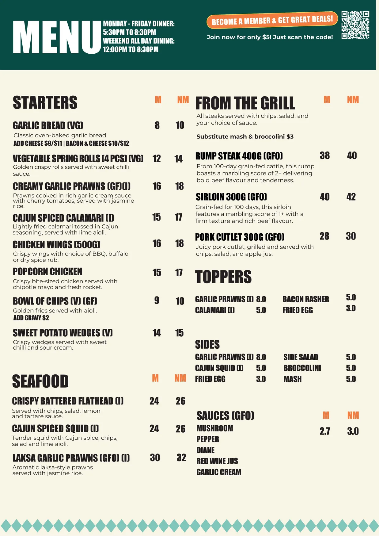 Club Paradise menu, page 1