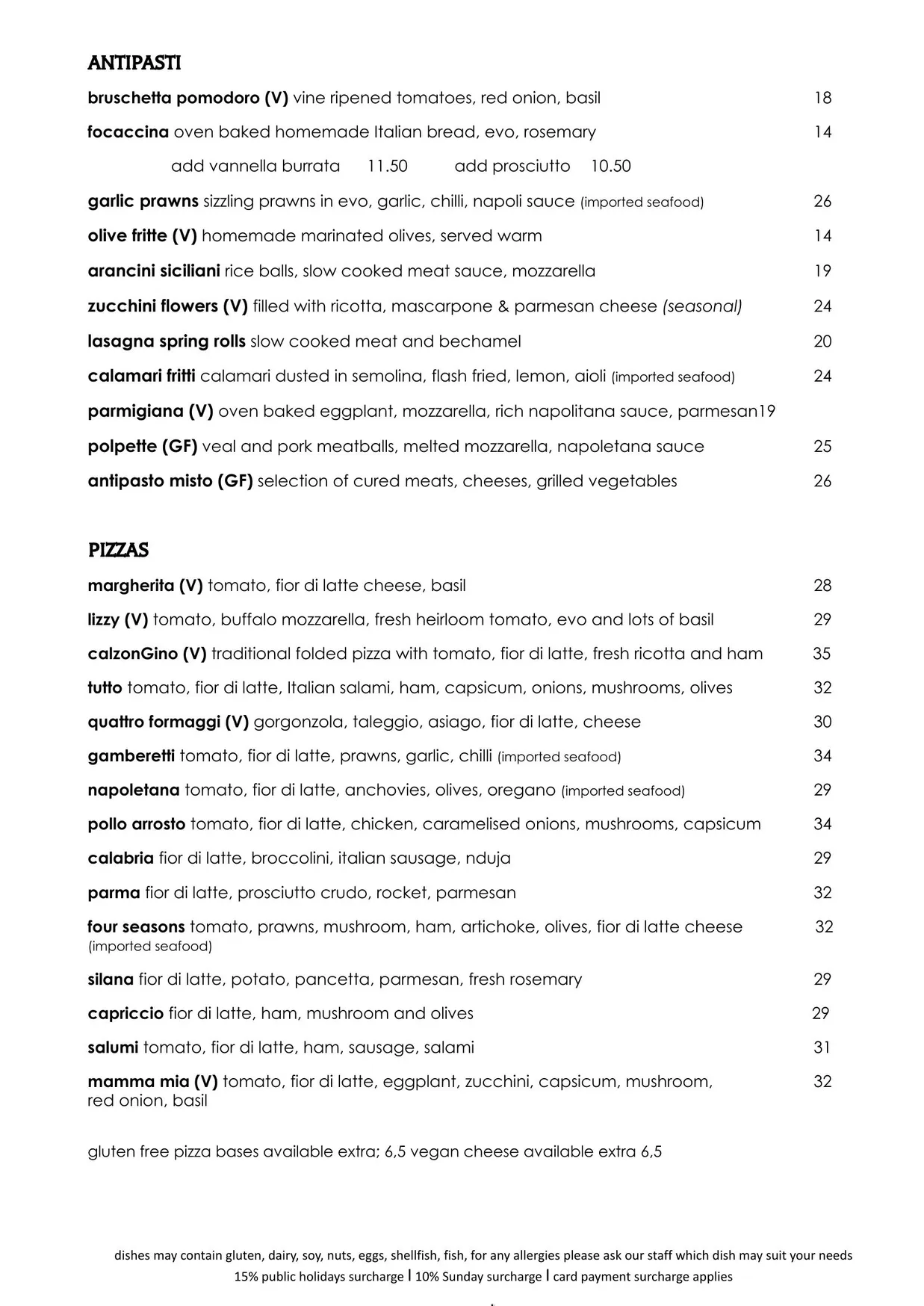 Gino's Kitchen & Cocktails menu, page 1