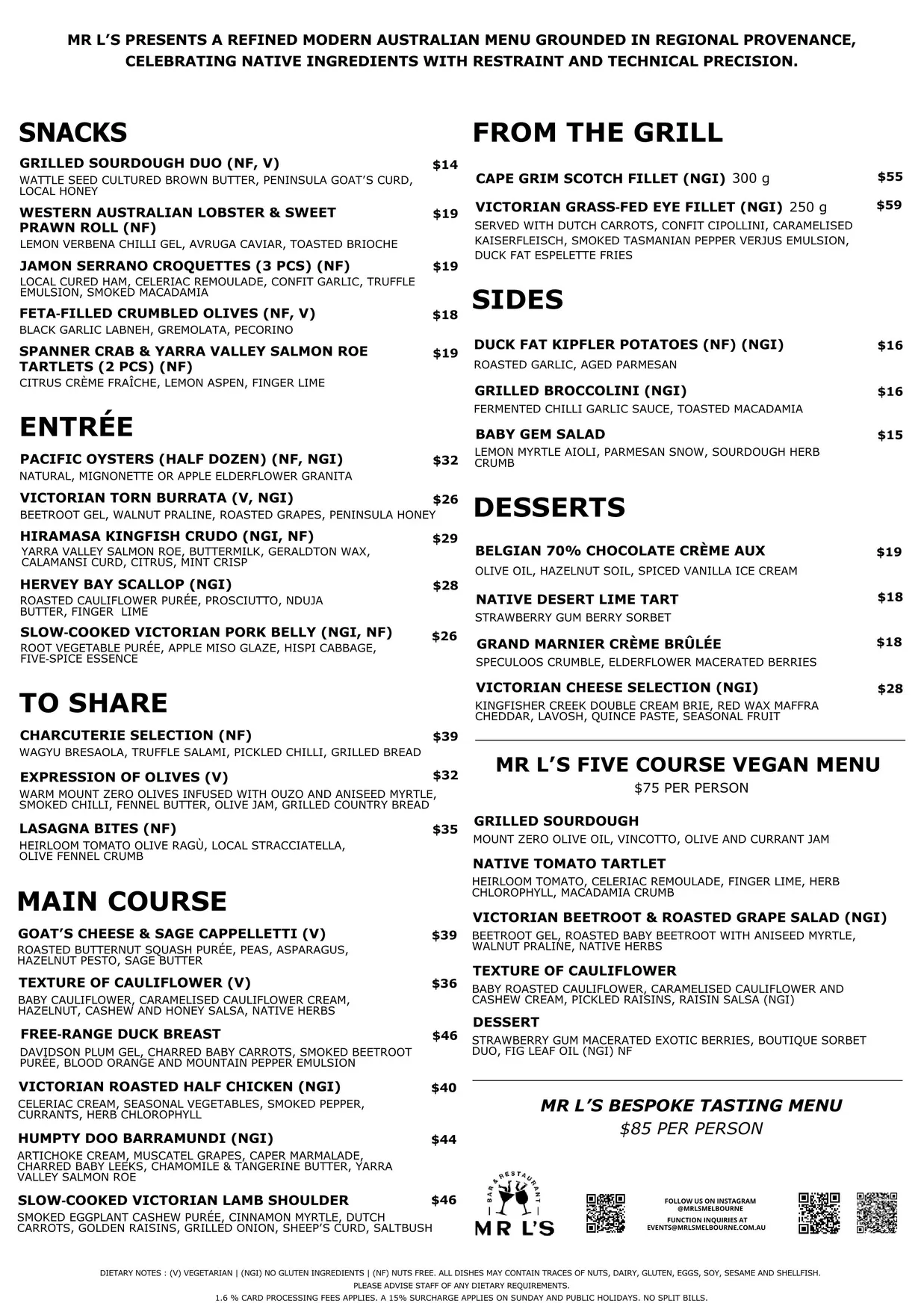 Mr L's Bar & Restaurant menu, page 1