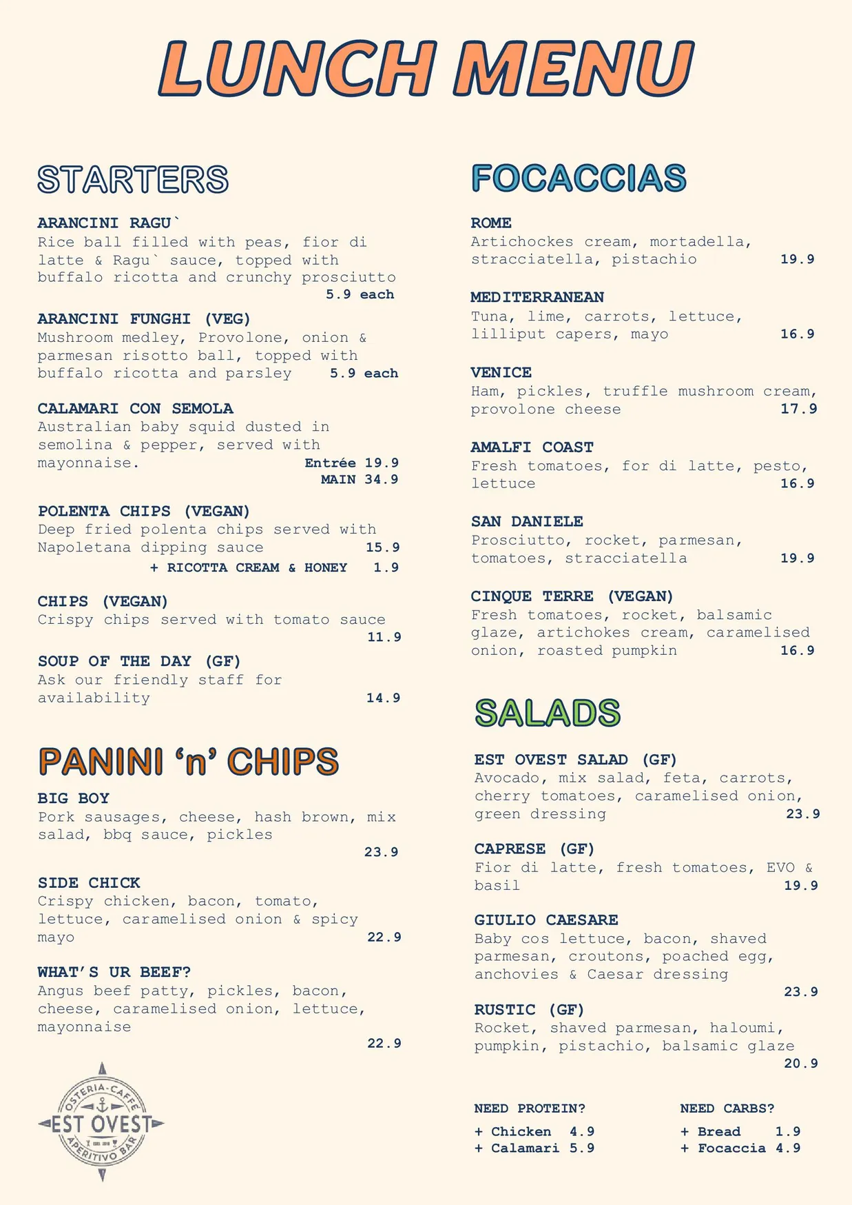 Est Ovest menu, page 1