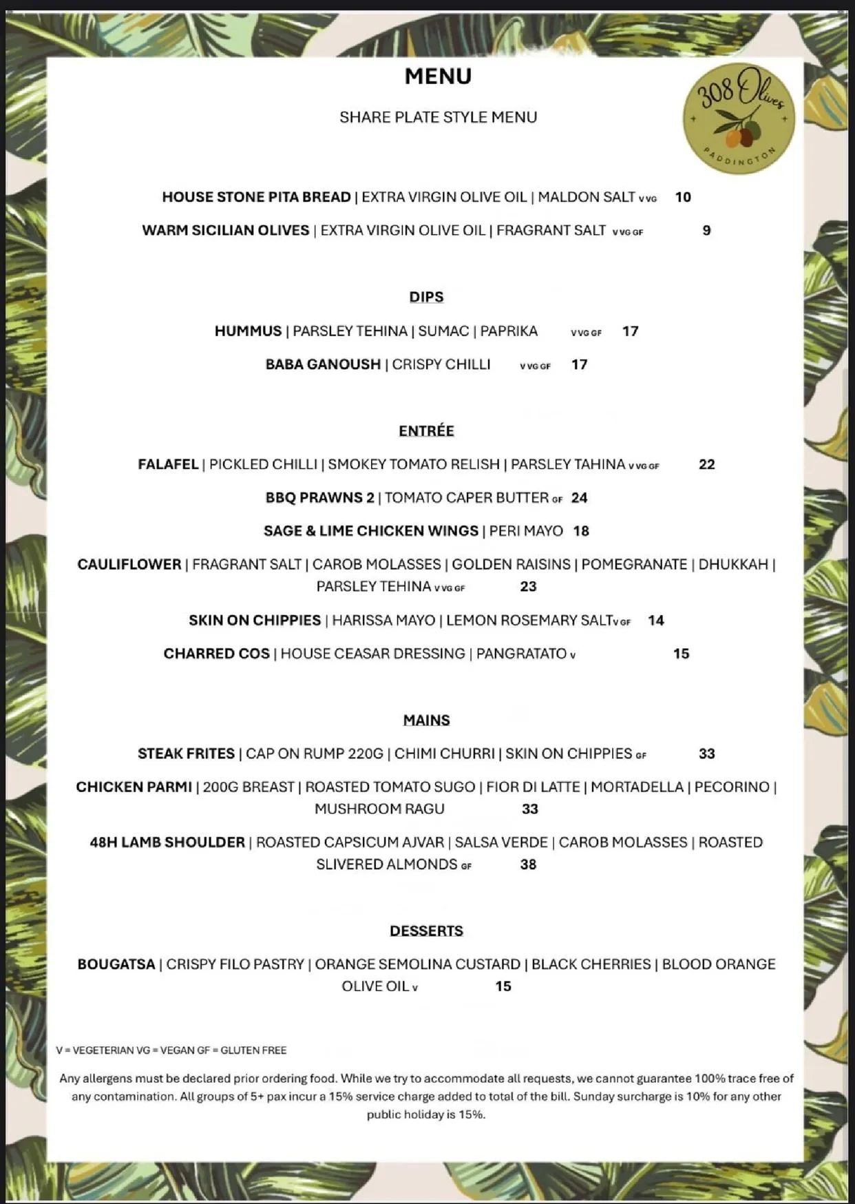308 Olives menu, page 1