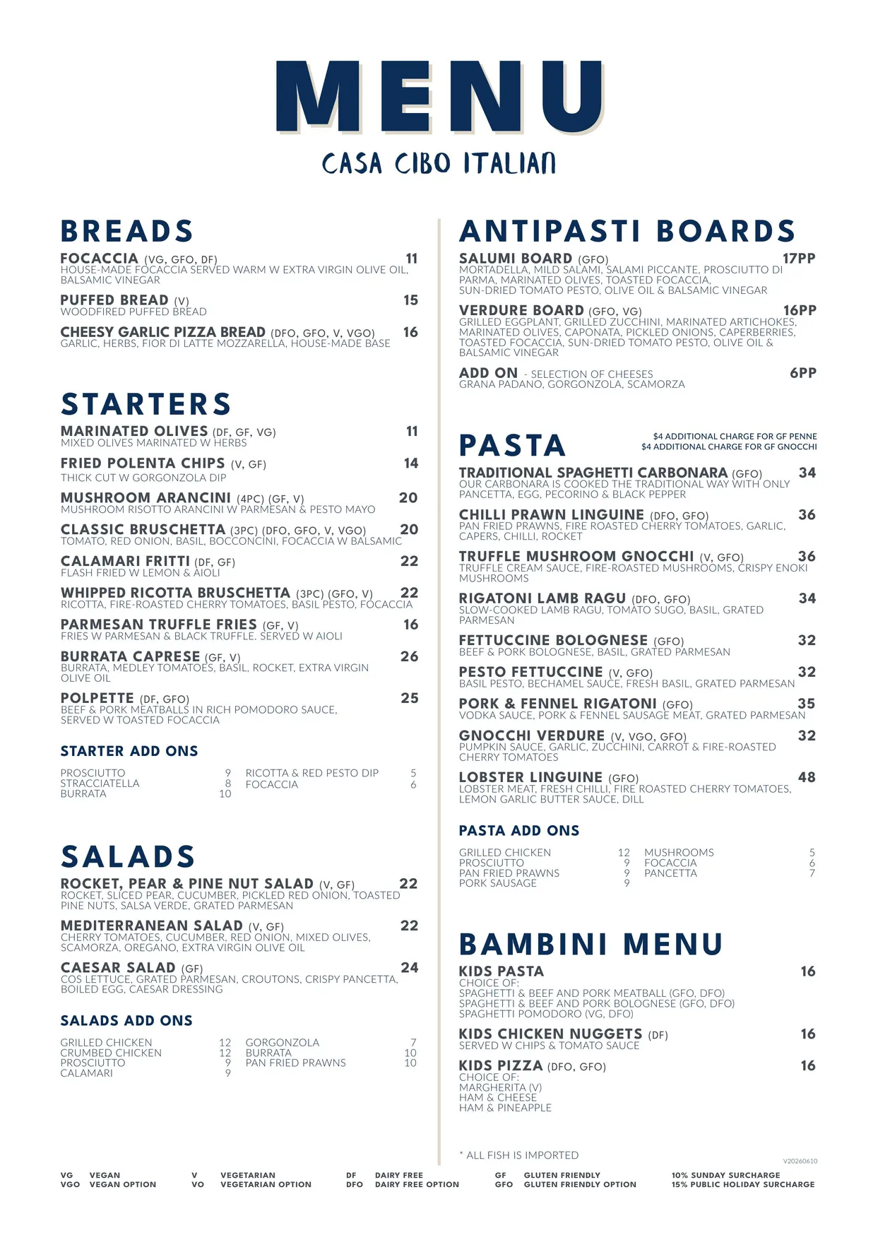Casa Cibo menu, page 1