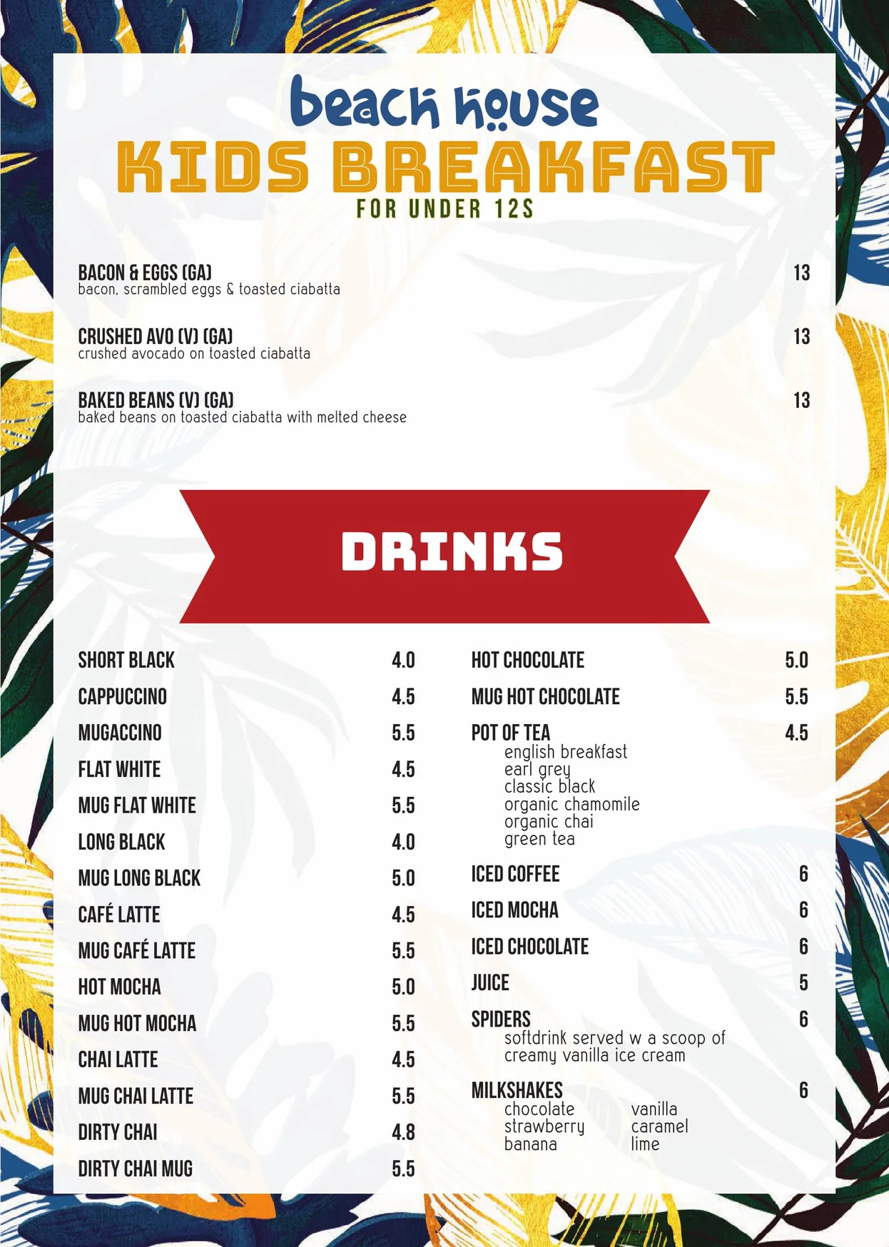 Beach House menu, page 2