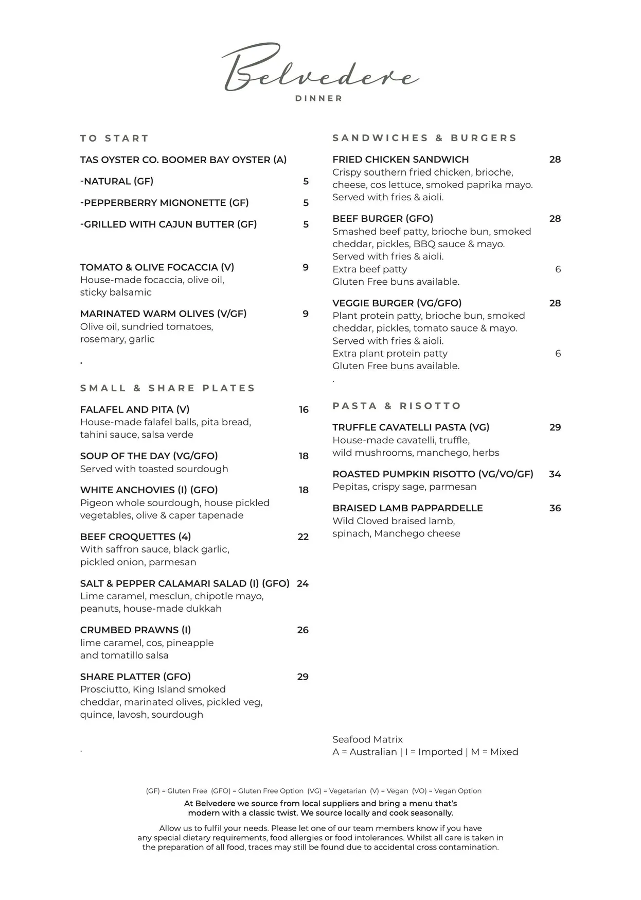 Belvedere menu, page 1