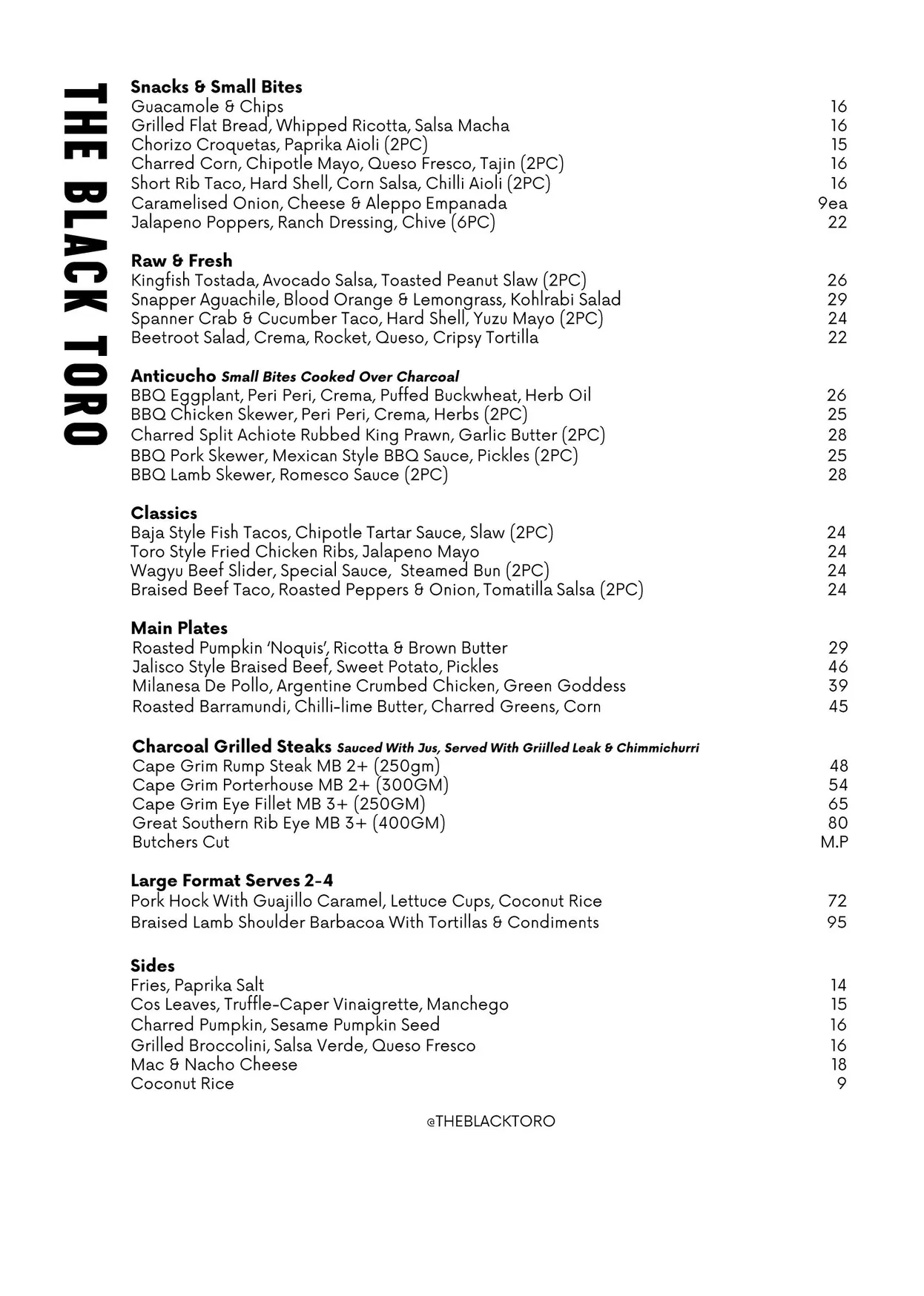 The Black Toro menu, page 4