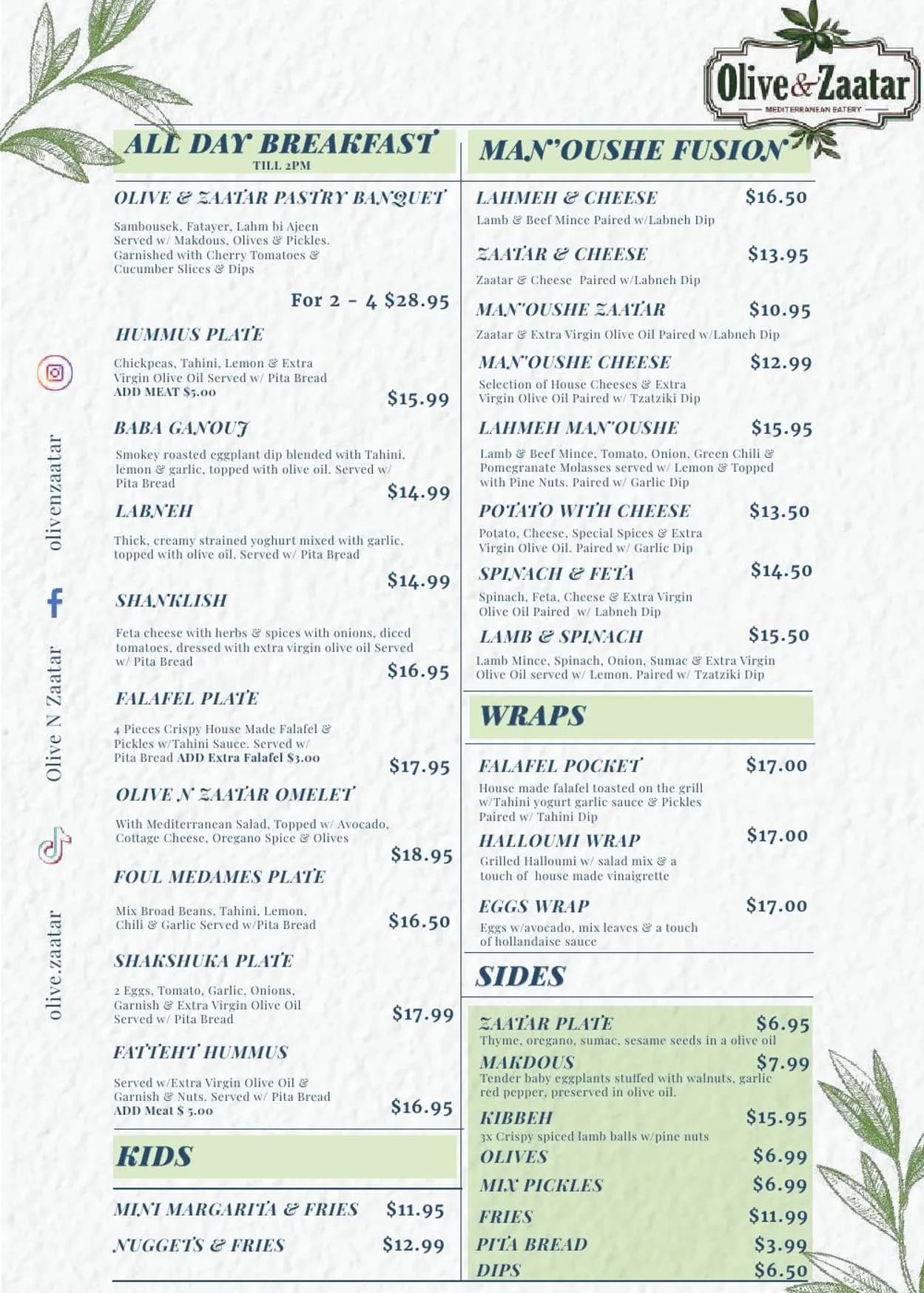 Olive & Zaatar menu, page 1