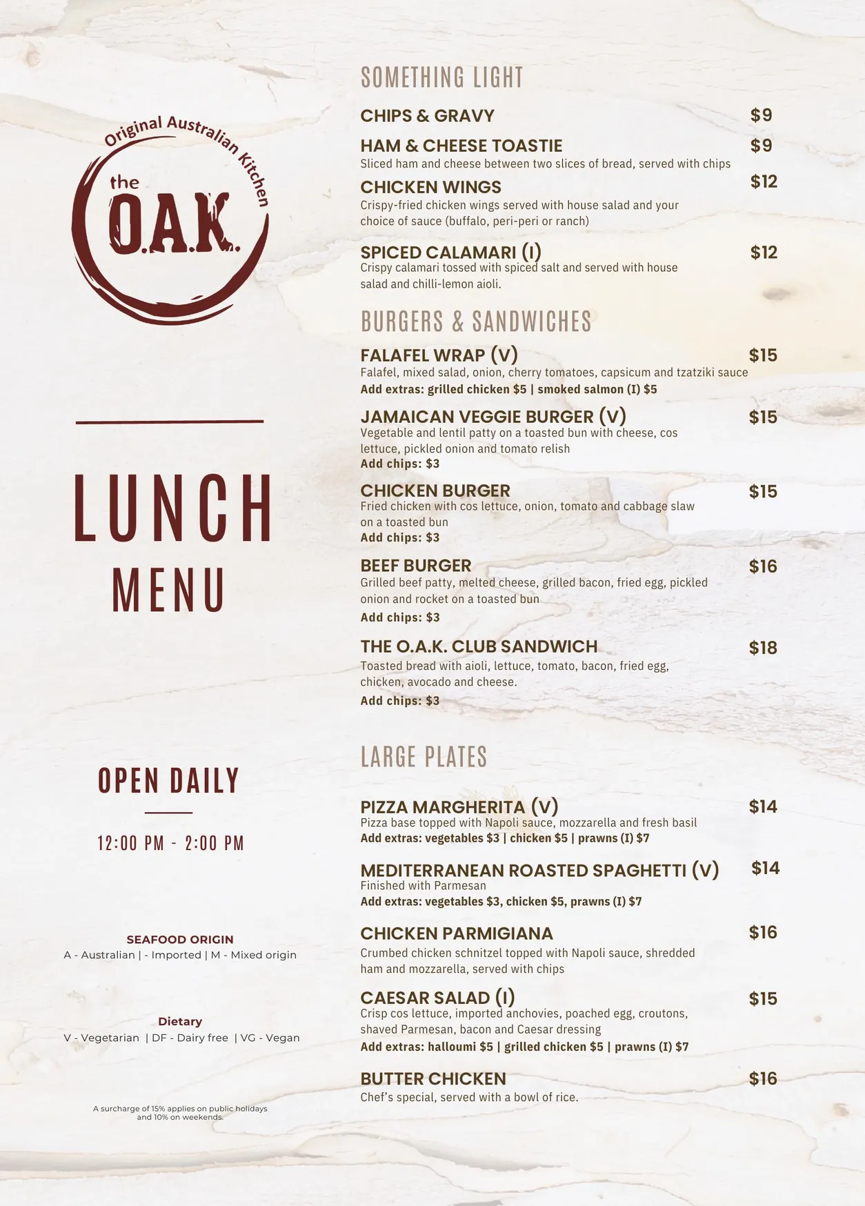 The O.A.K Original Australian Kitchen menu, page 3