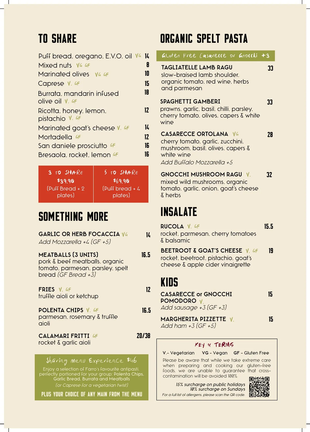 Farro menu, page 1