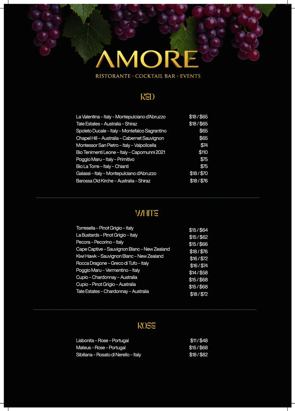 Amore menu, page 2