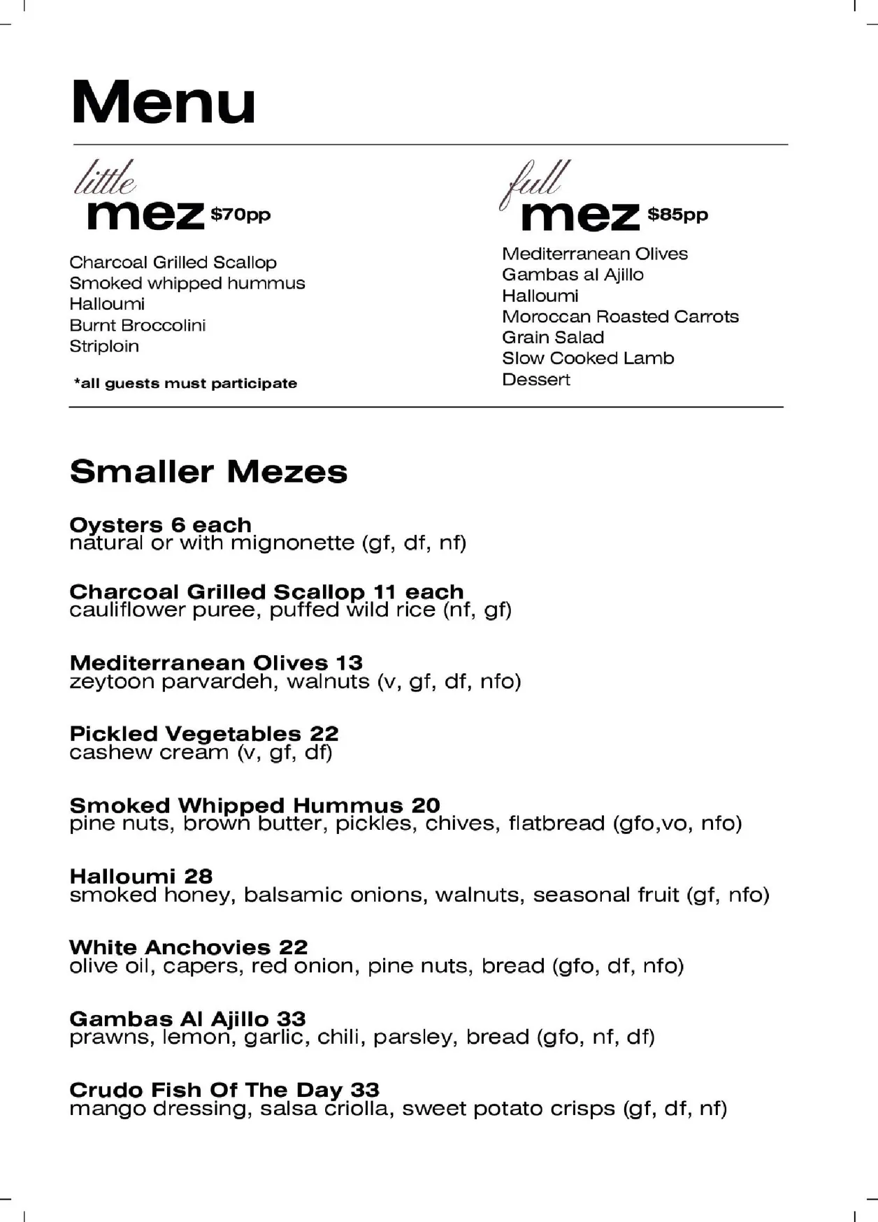 The Mez Club menu, page 1