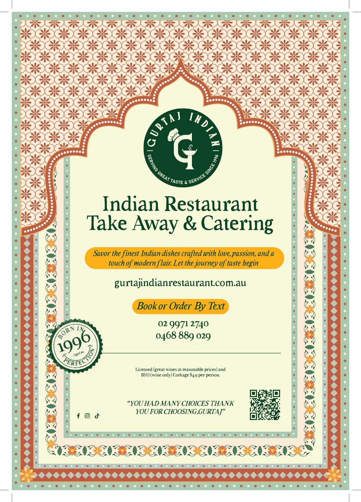 GurTaj Indian menu, page 1