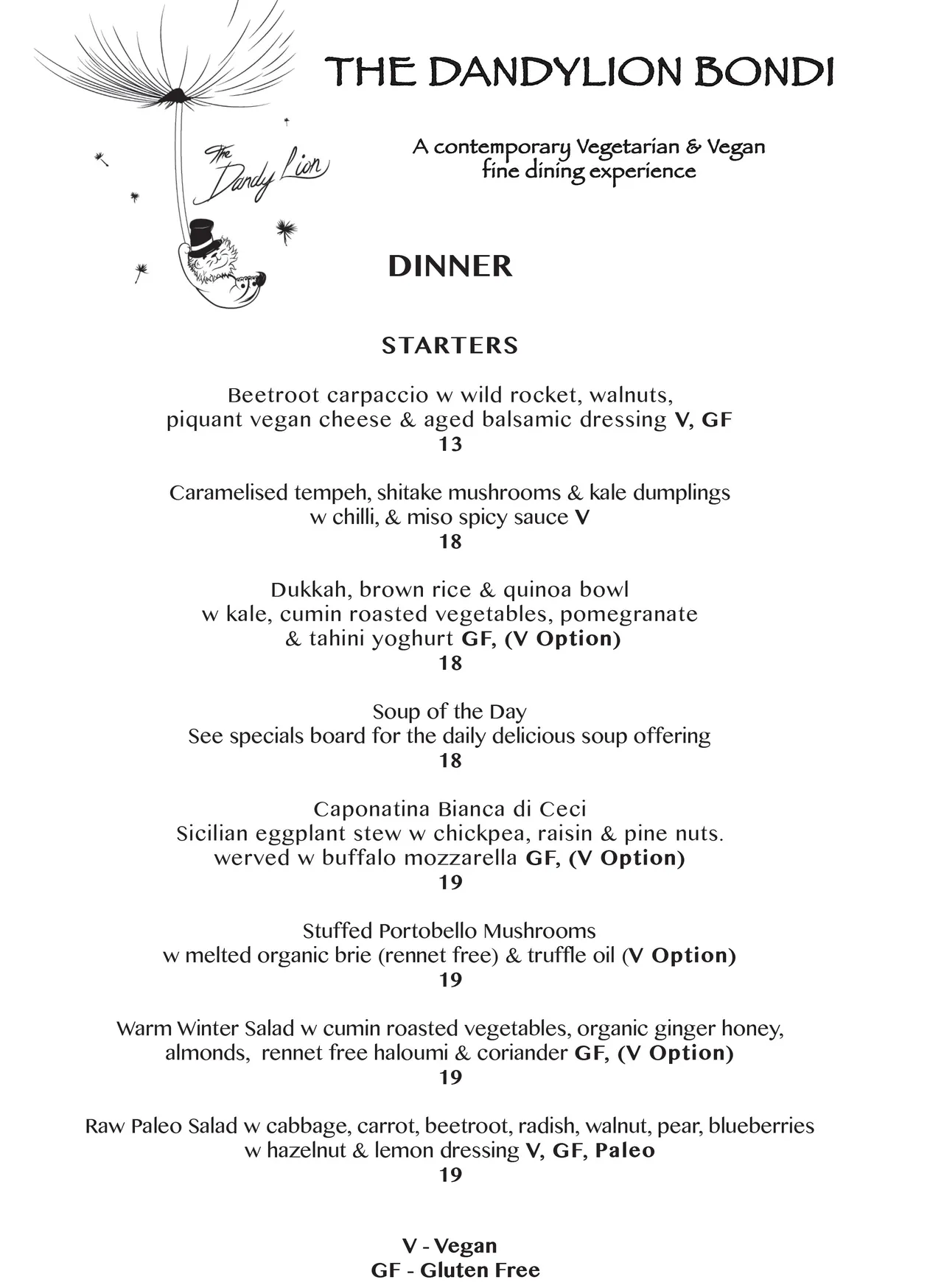 Dandylion menu, page 1