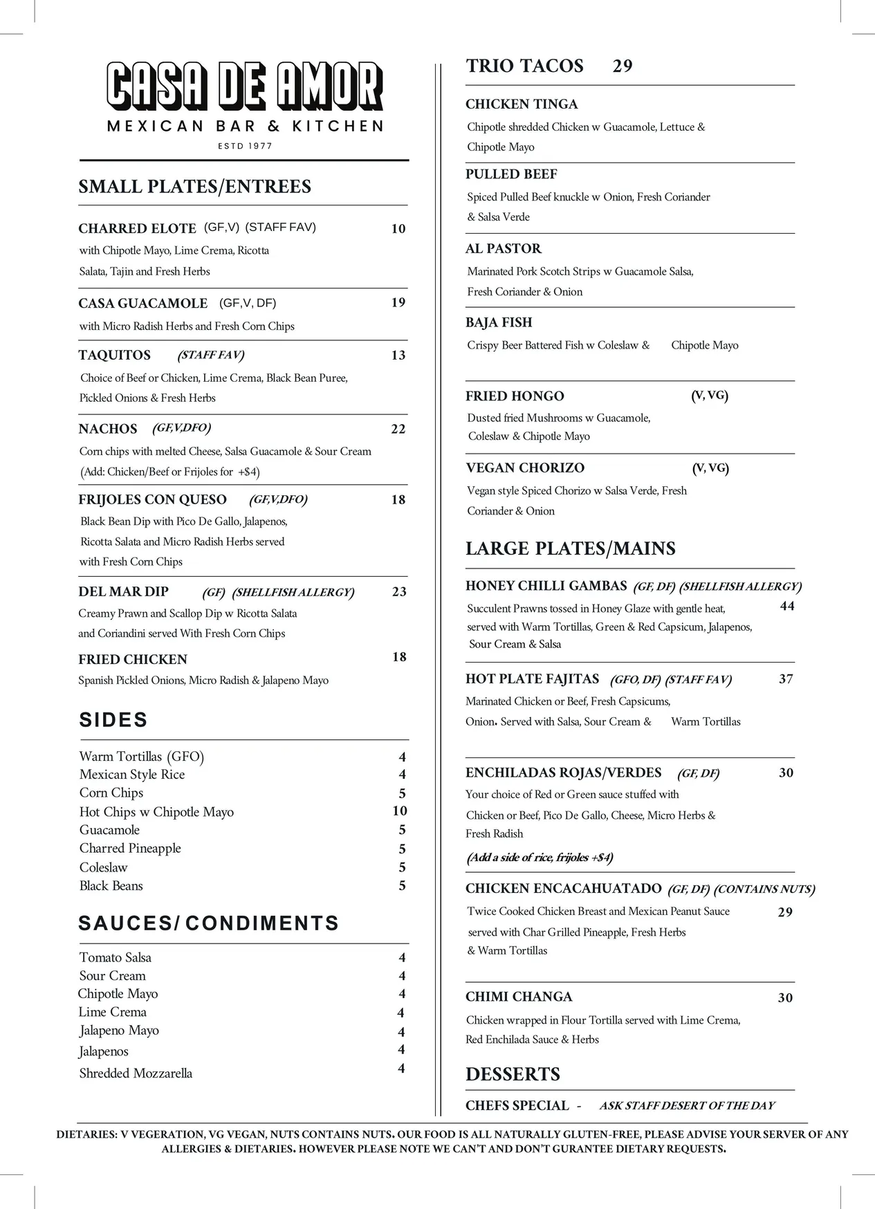 Casa De Amor menu, page 3