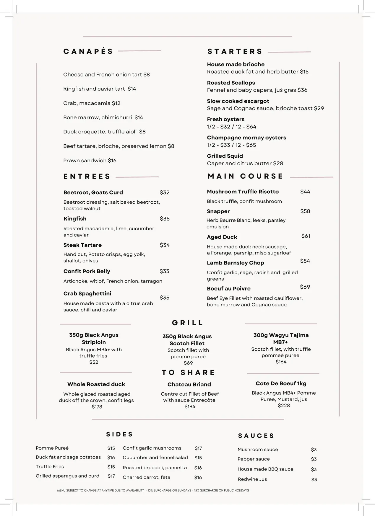 Quoi Dining menu, page 2
