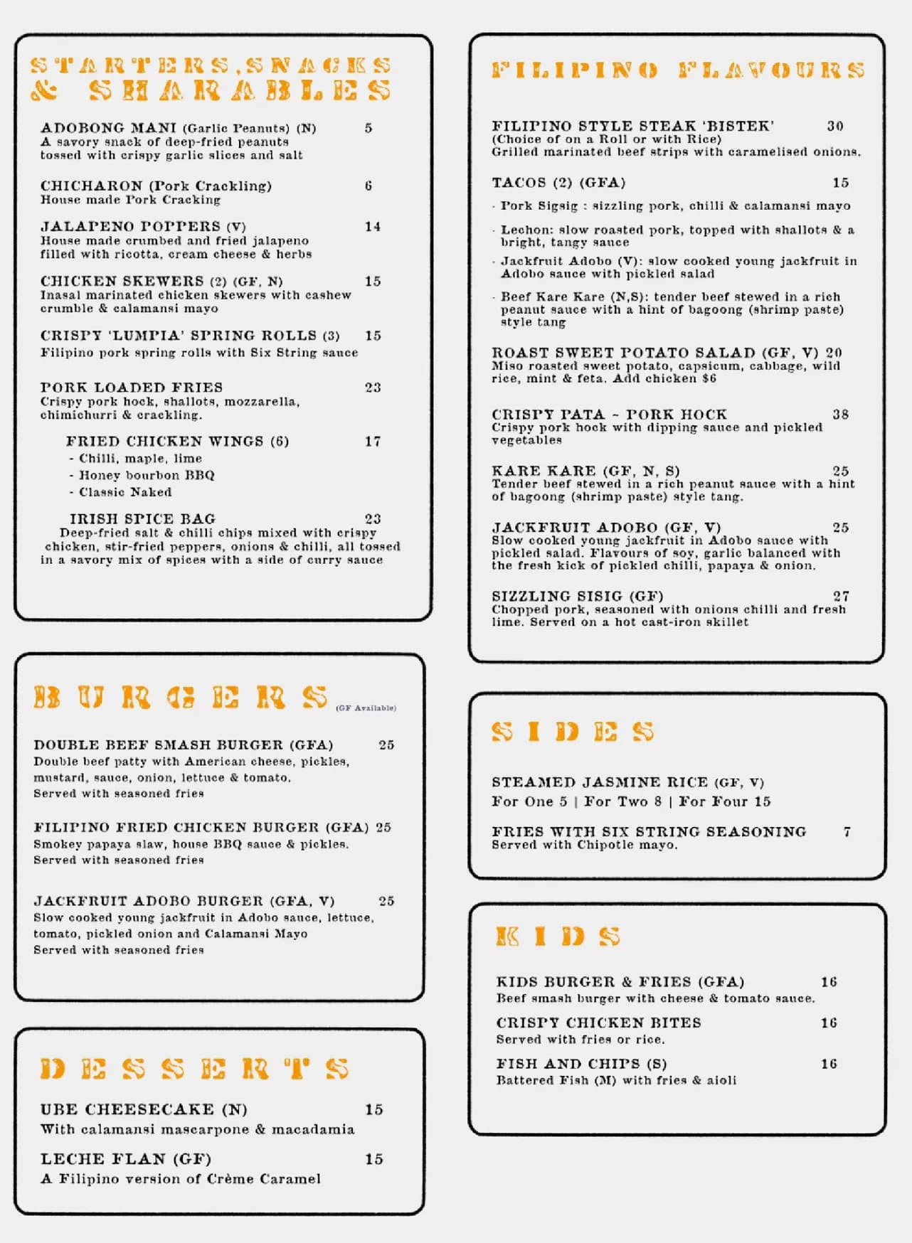 Six String Brewing Co. menu, page 1