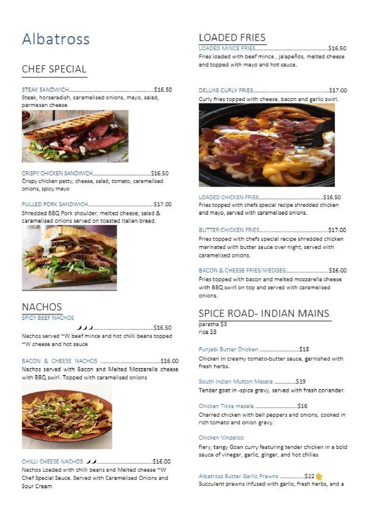Albatross Restaurant & Bar menu, page 1