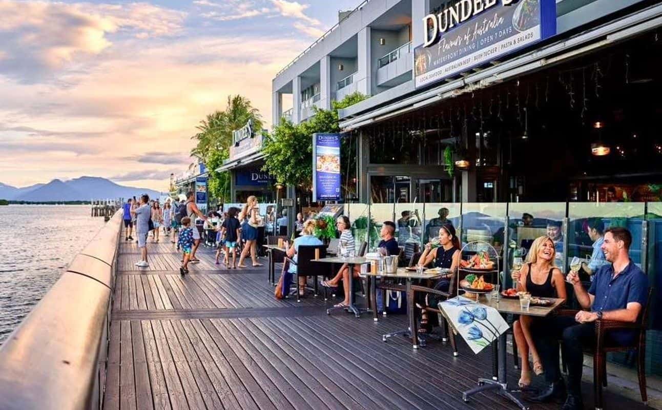 Enjoy Seafood, Grill & barbeque, Australian, Vegetarian options, Vegan options, Gluten Free options, Restaurant, Cocktail bar, Highchairs available, Waterfront, Table service, Free wifi, Wheelchair accessible, Street parking, Indoor & outdoor seating, $$$$, Families, Groups, Special occasion and Views cuisine at Dundee's on the Waterfront in Cairns City Centre, Cairns