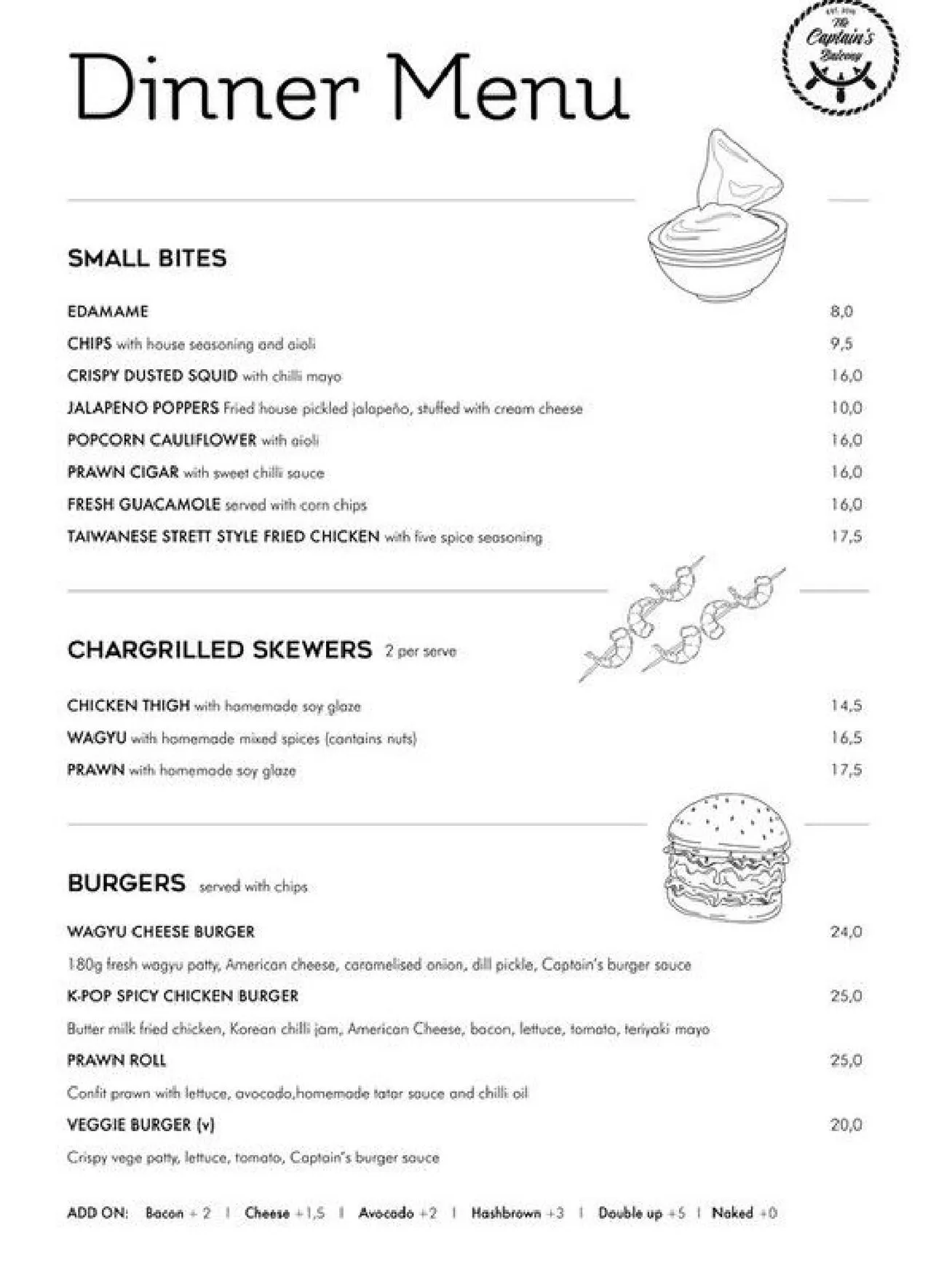 The Captain's Balcony menu, page 1