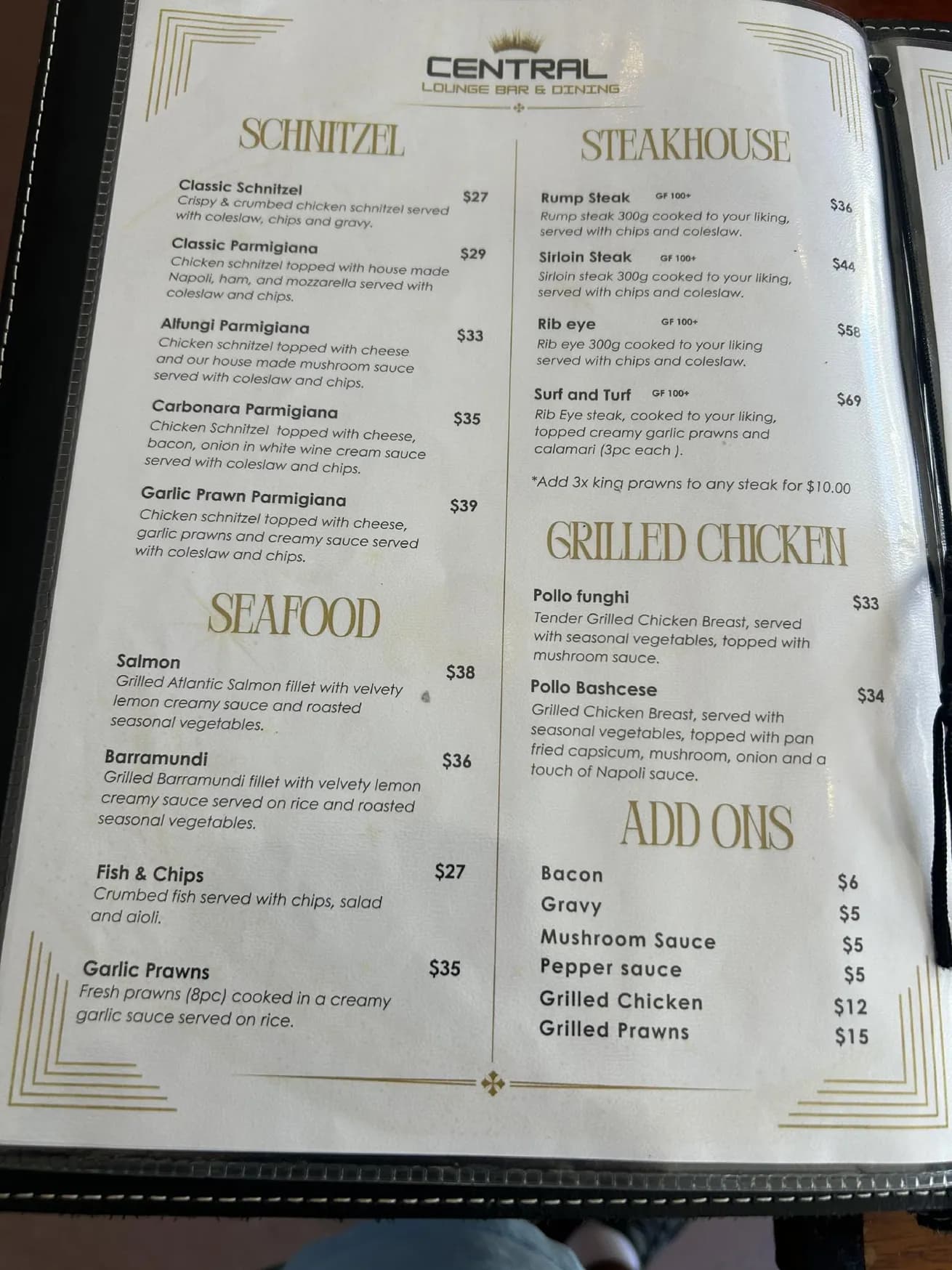 Central Lounge Bar & Dining menu, page 2