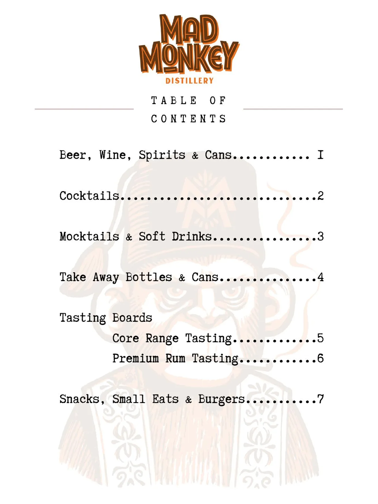 Mad Monkey Distillery menu, page 2