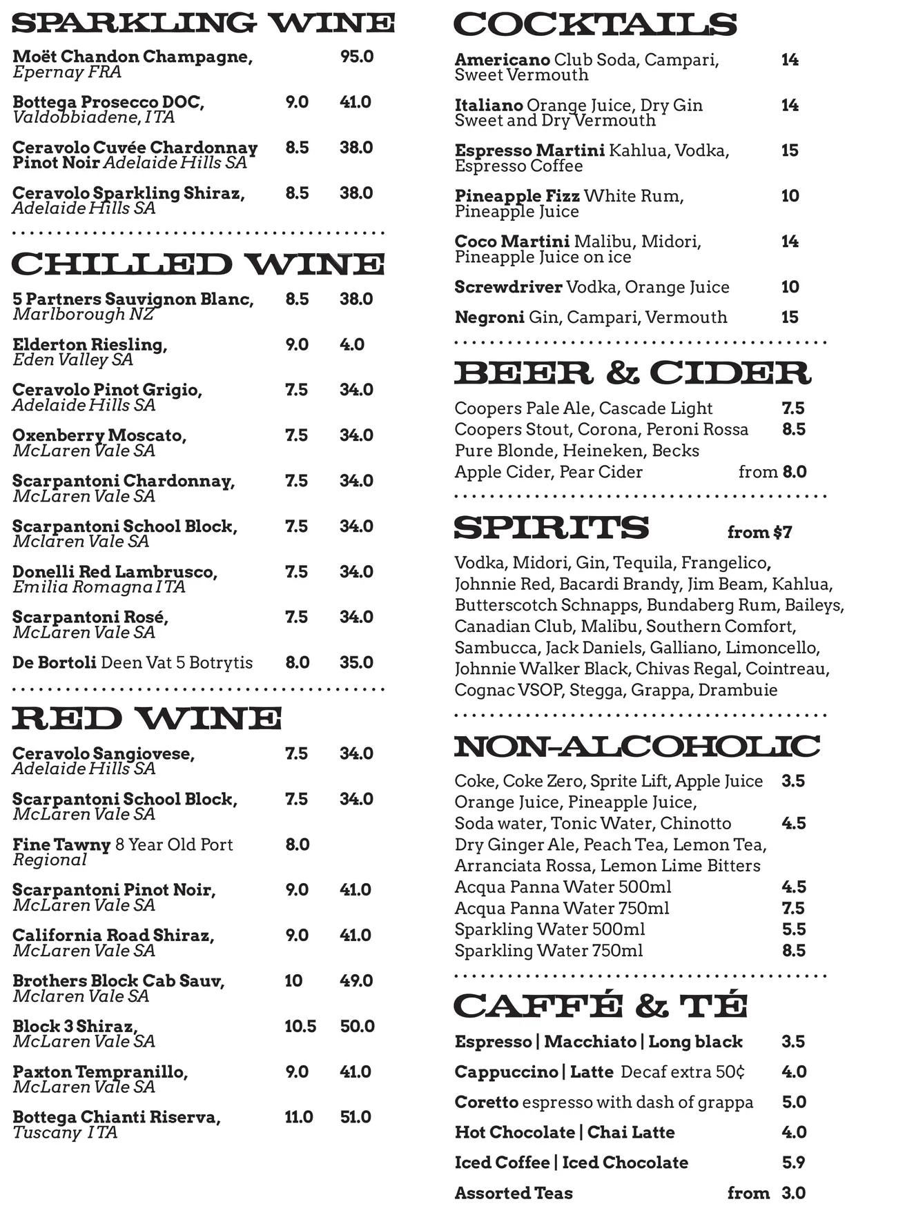 European Café menu, page 2