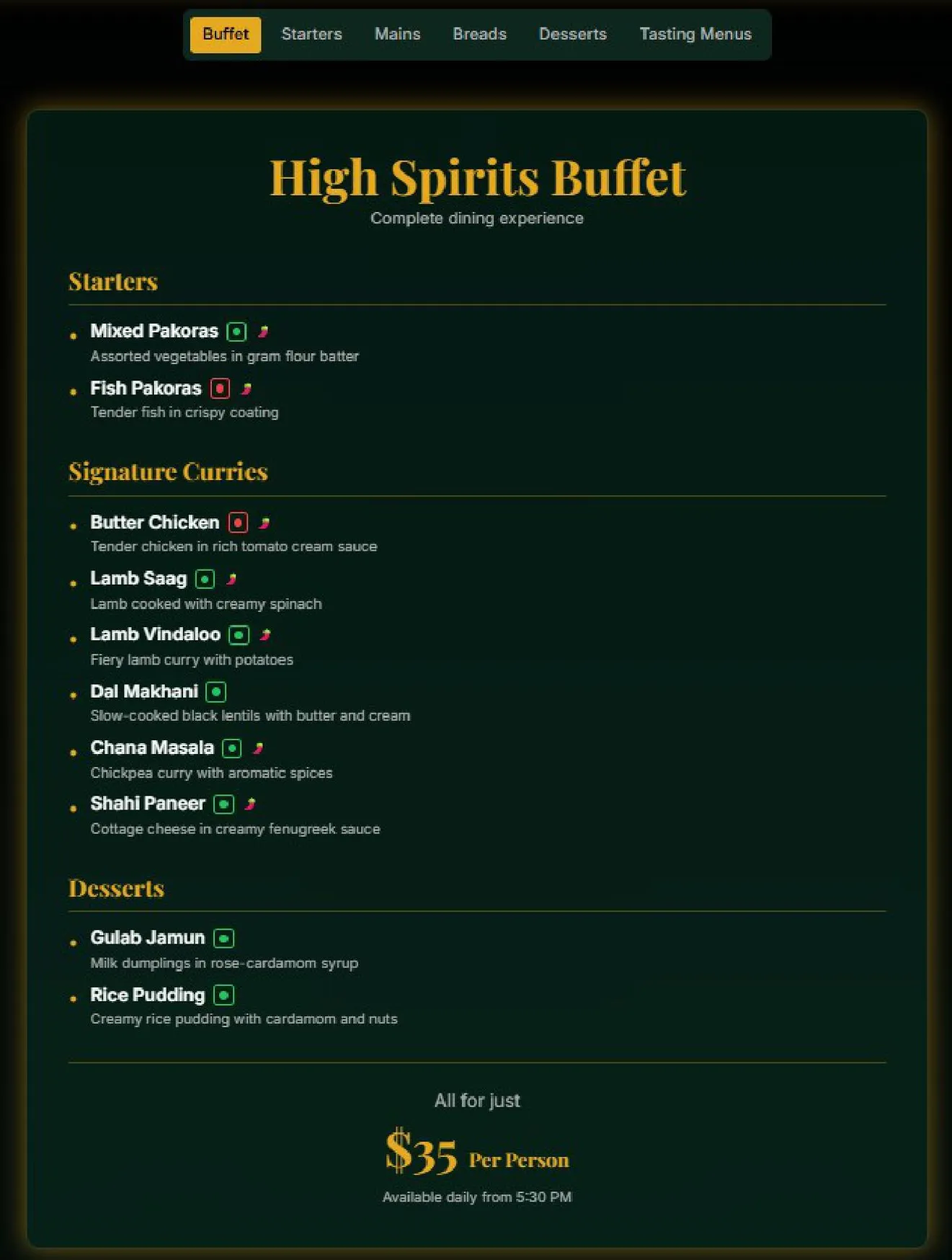 High Spirits – Bunbury’s Luxury Indian Fine Dining menu, page 1