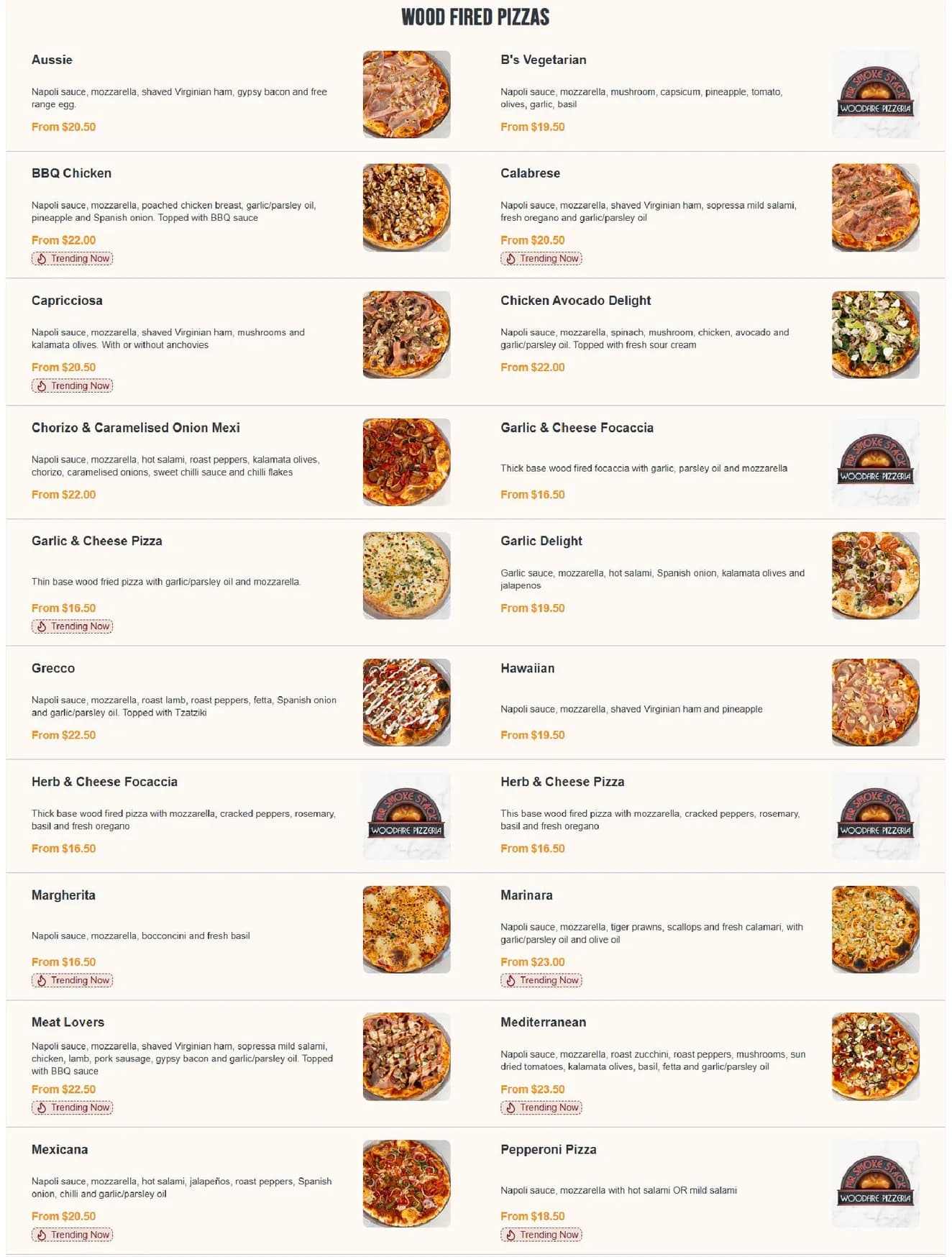 Mr Smoke Stack menu, page 1