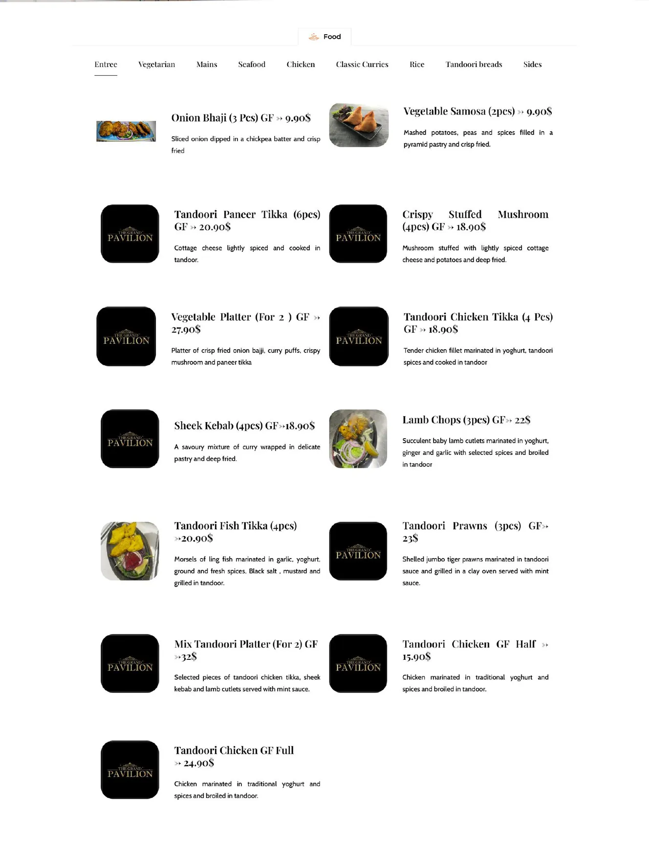 The Grand Pavilion menu, page 1