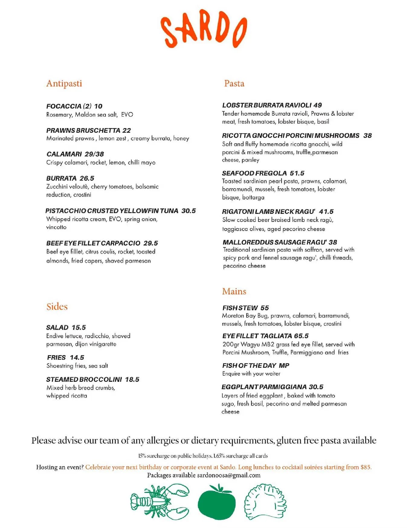 Sardo Noosa menu, page 1