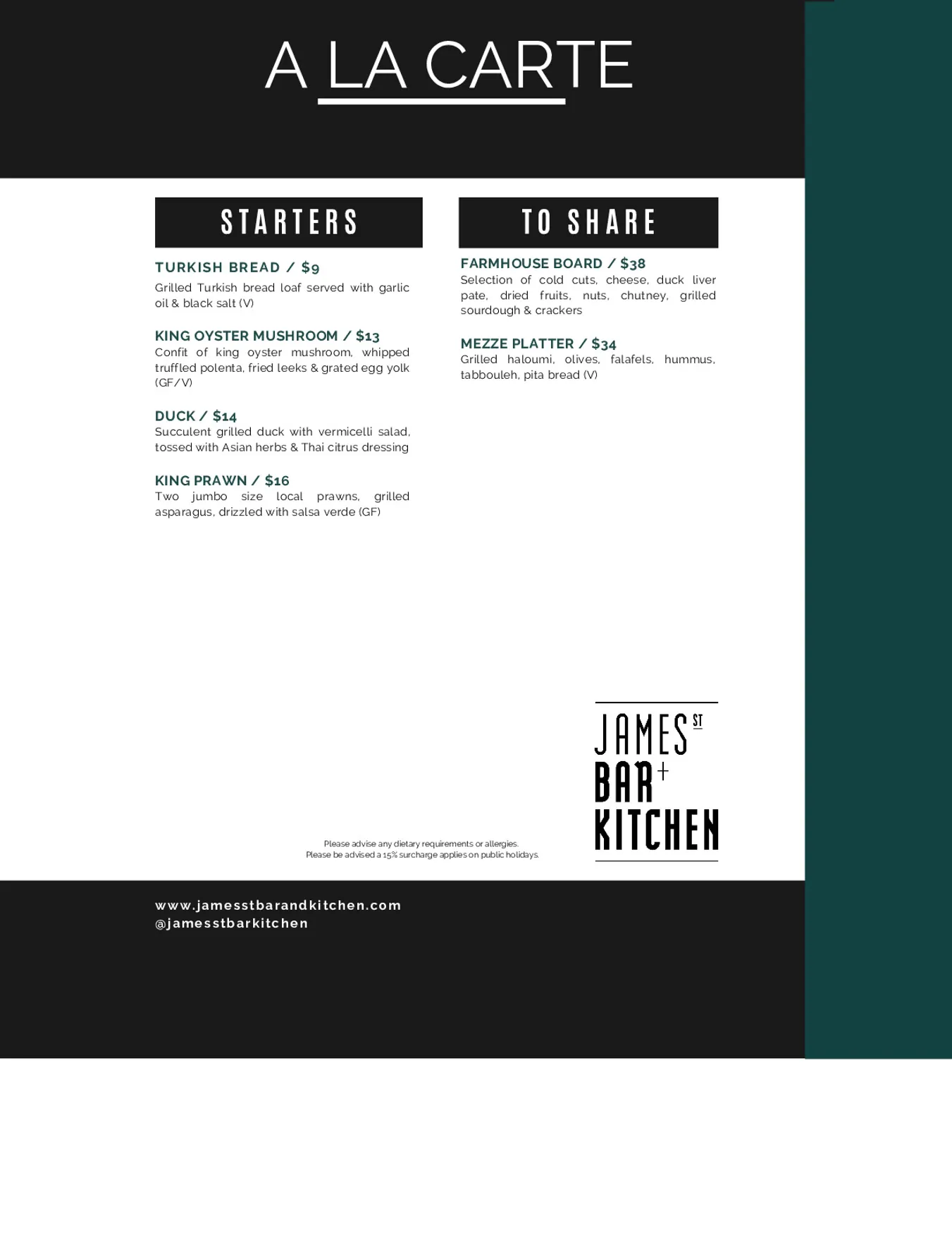 James St Bar + Kitchen menu, page 3