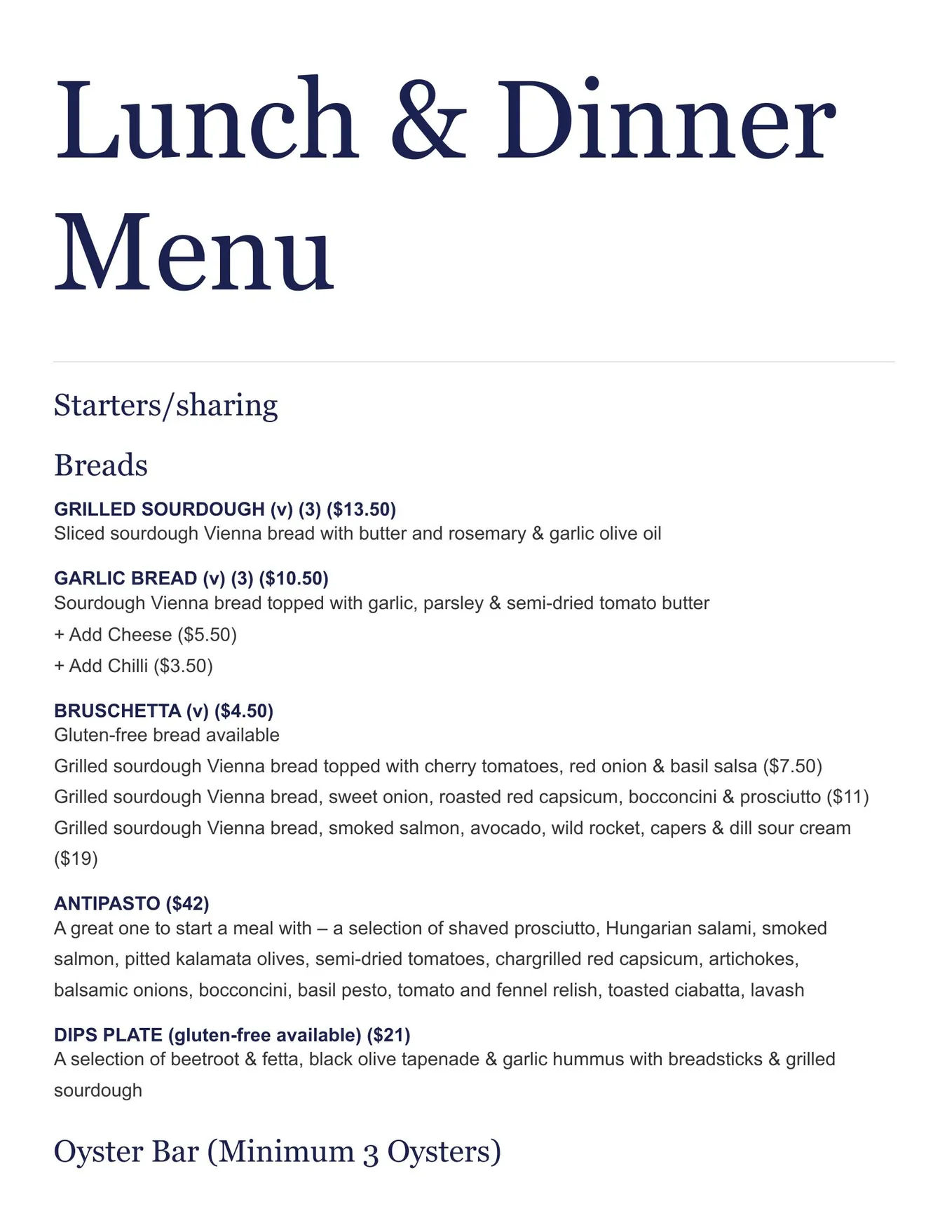 Dundee's on the Waterfront menu, page 1