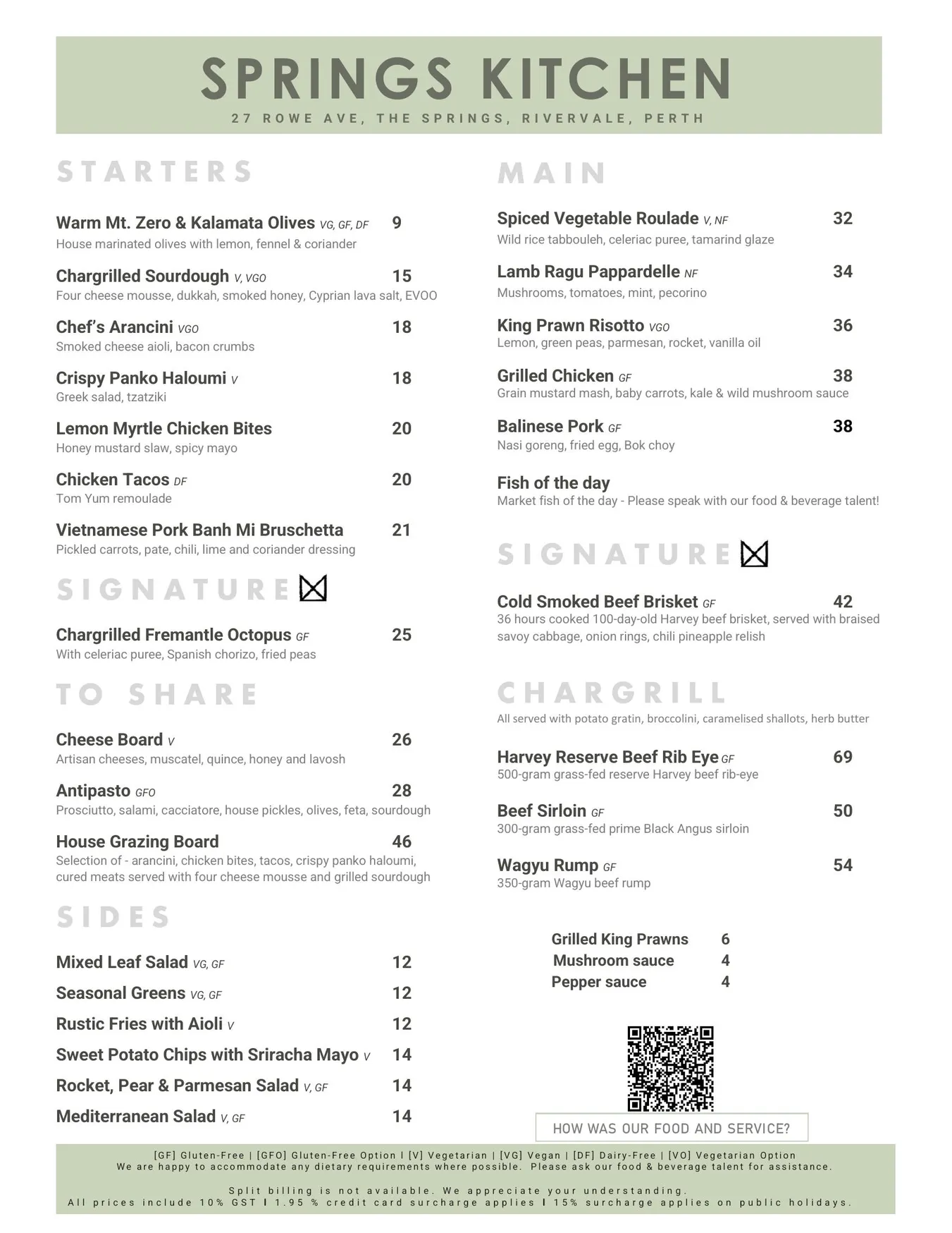 Springs Kitchen menu, page 1