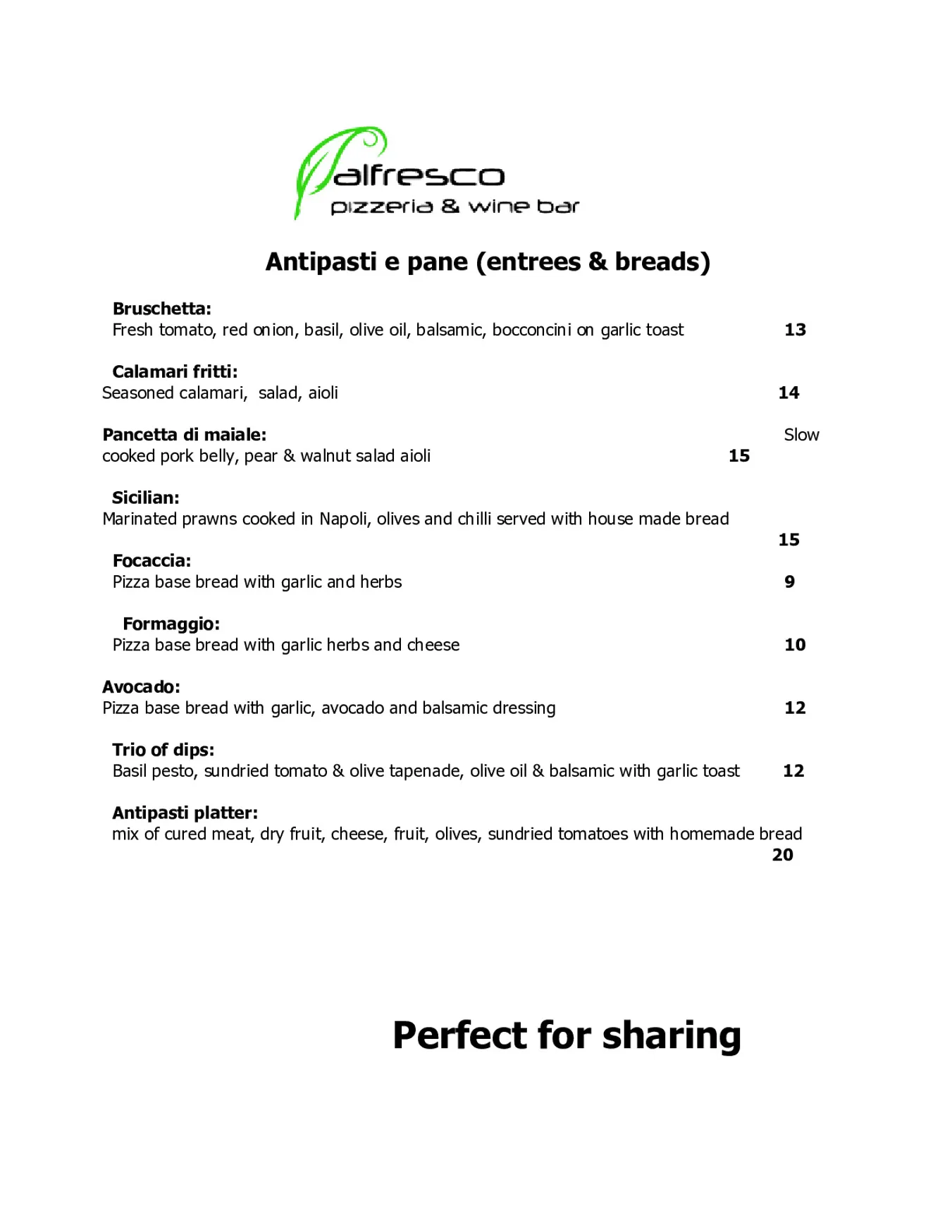 Alfresco Pizzeria and Wine Bar menu, page 1