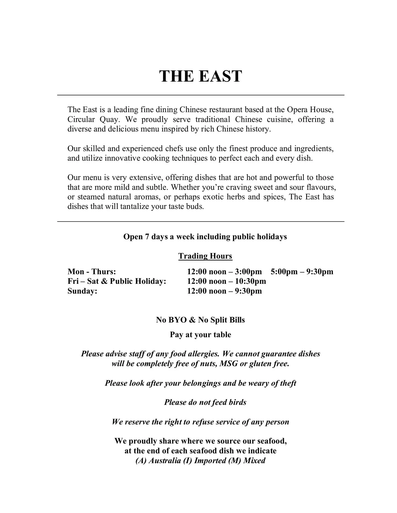 The East Chinese Restaurant menu, page 1