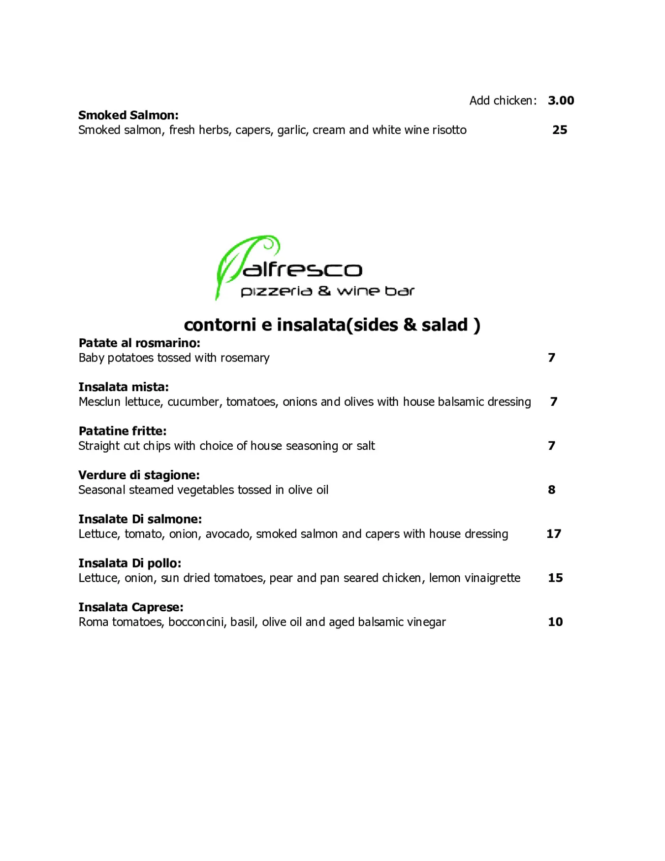 Alfresco Pizzeria and Wine Bar menu, page 4