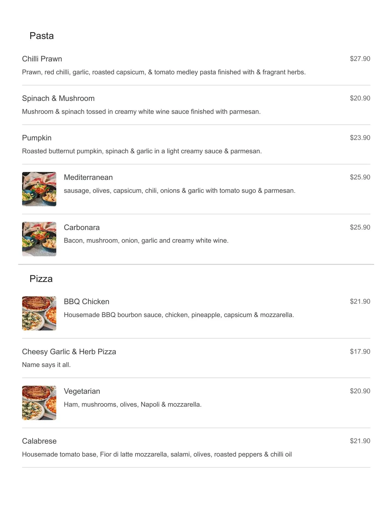 Degani Woodgrove menu, page 1