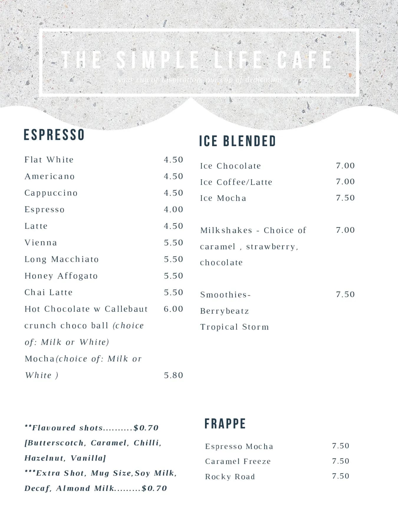 The Simple Life Cafe menu, page 2
