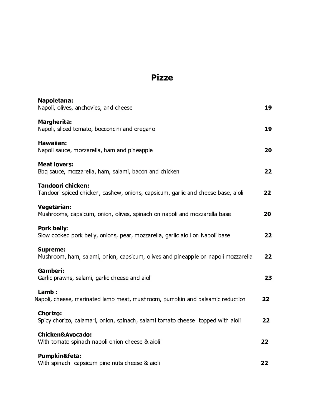 Alfresco Pizzeria and Wine Bar menu, page 2