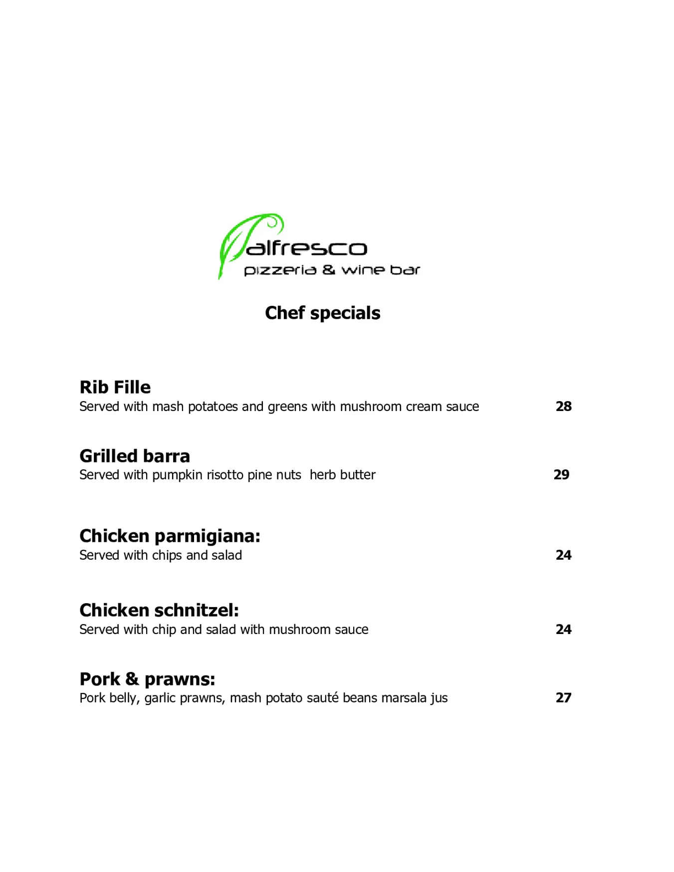 Alfresco Pizzeria and Wine Bar menu, page 5