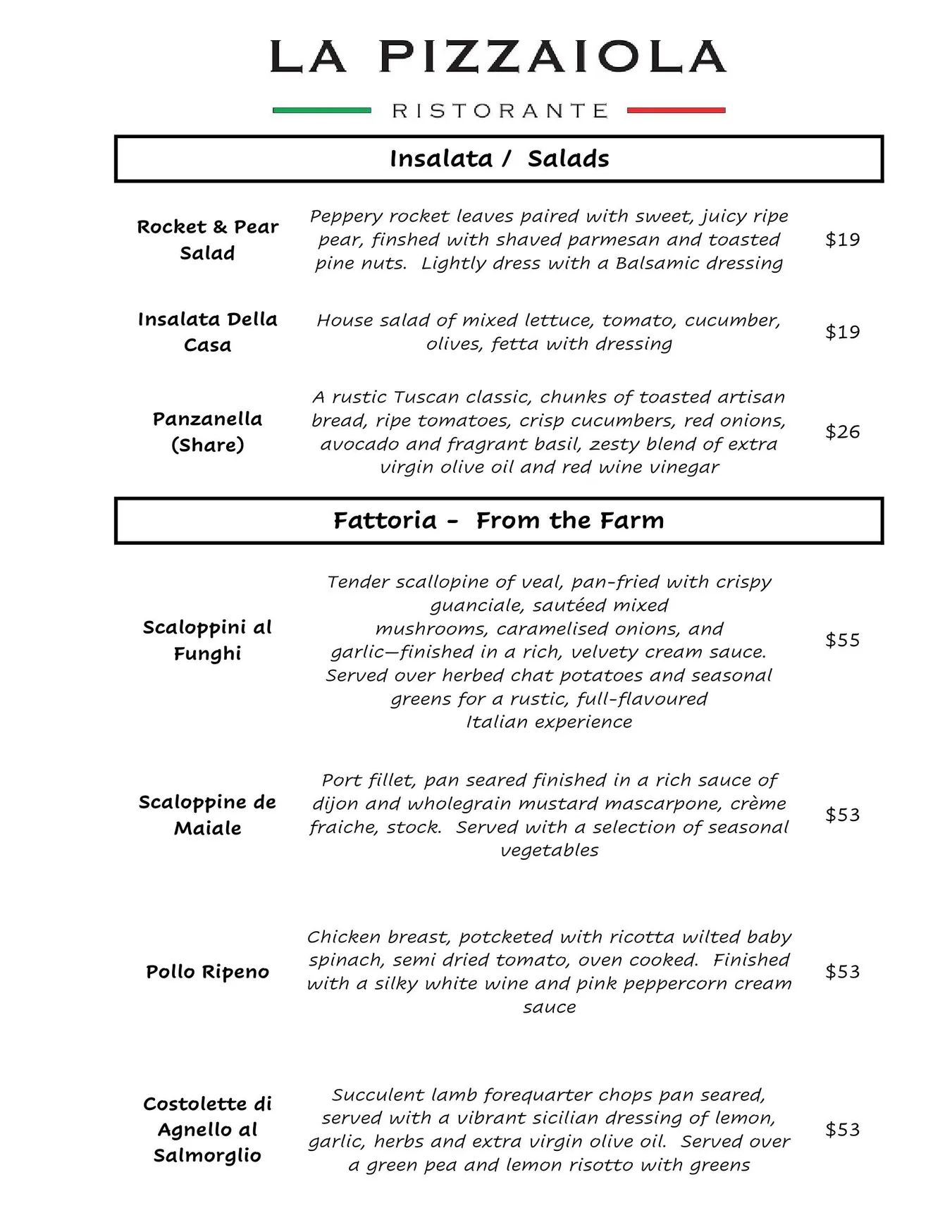 La Pizzaiola menu, page 2