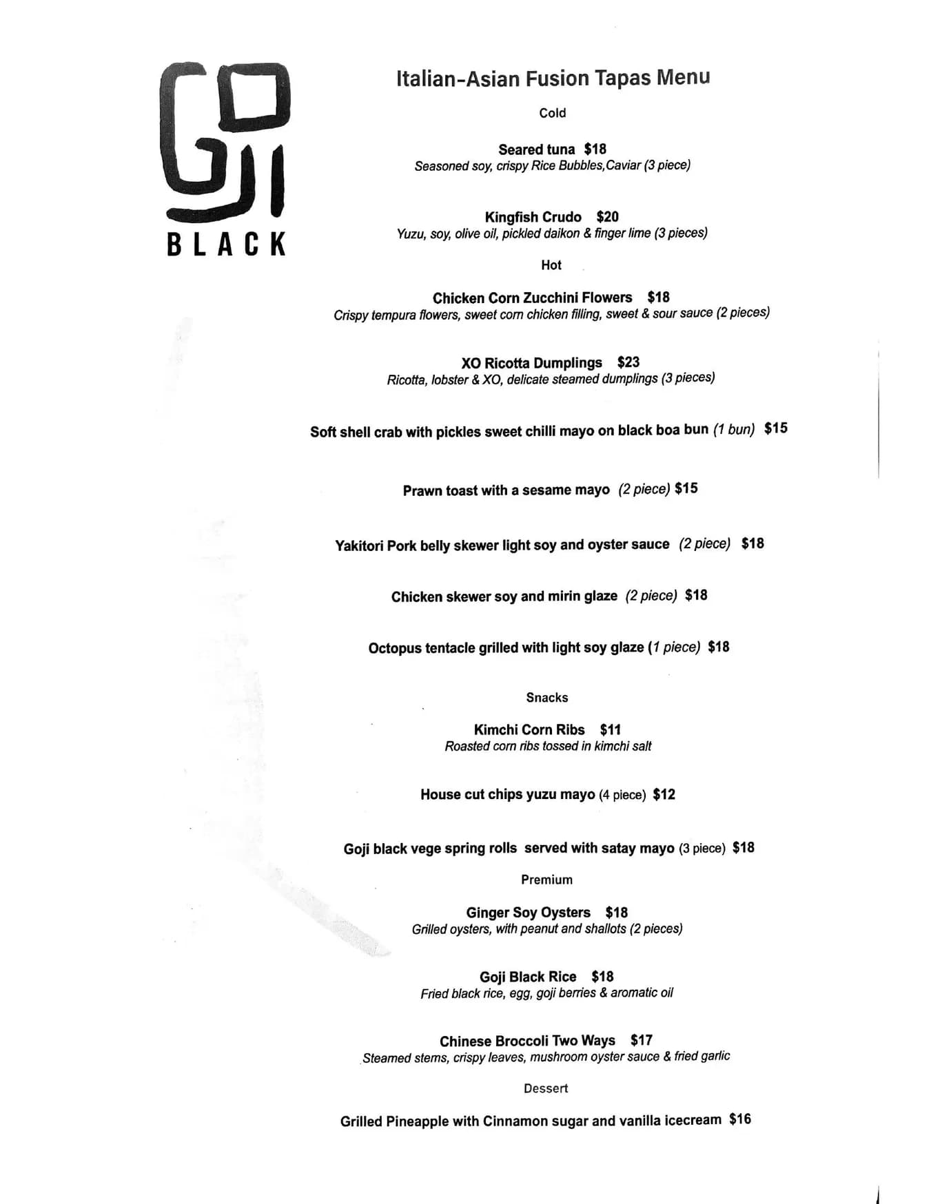 Goji Black menu, page 1