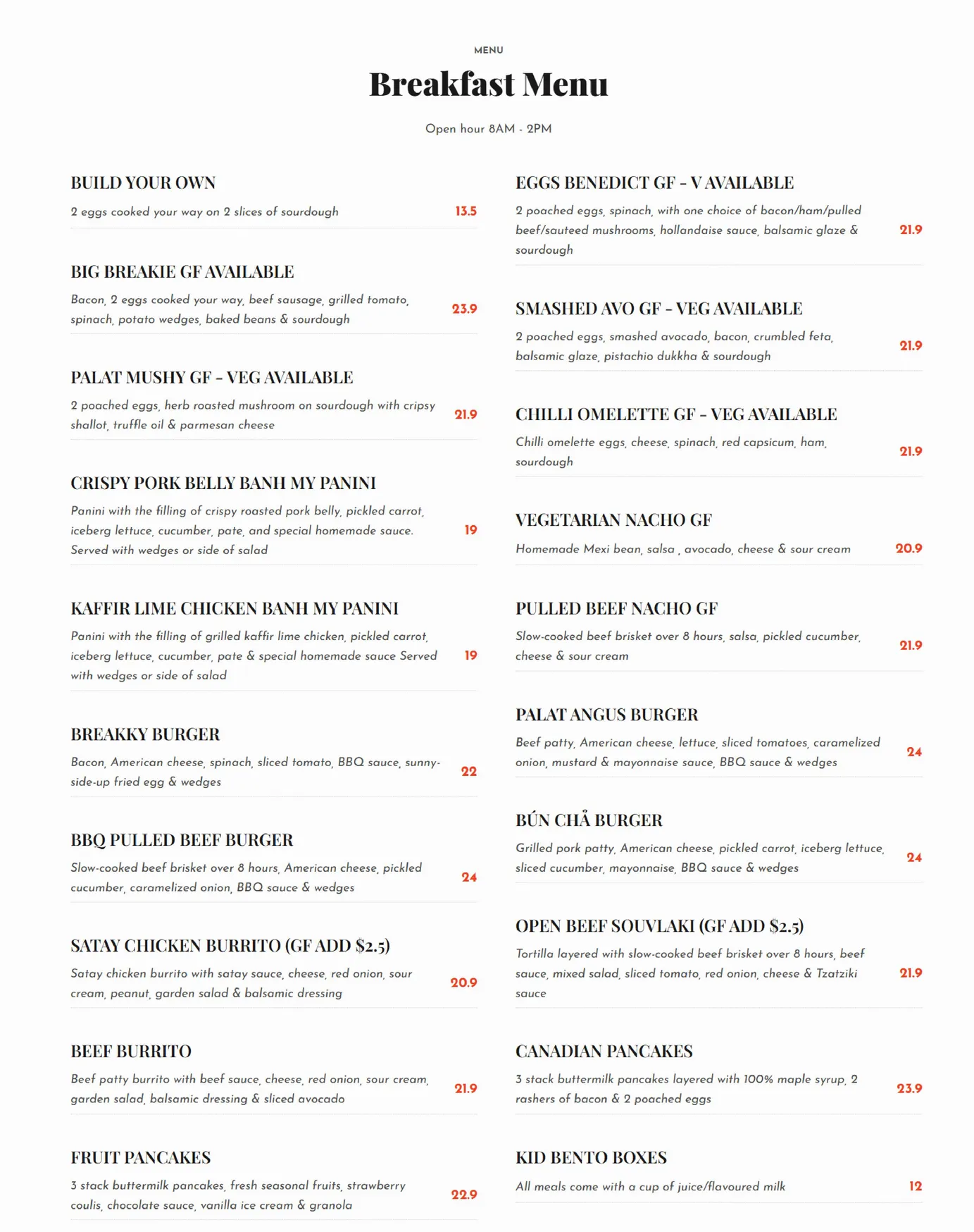 Cafe Palat menu, page 1