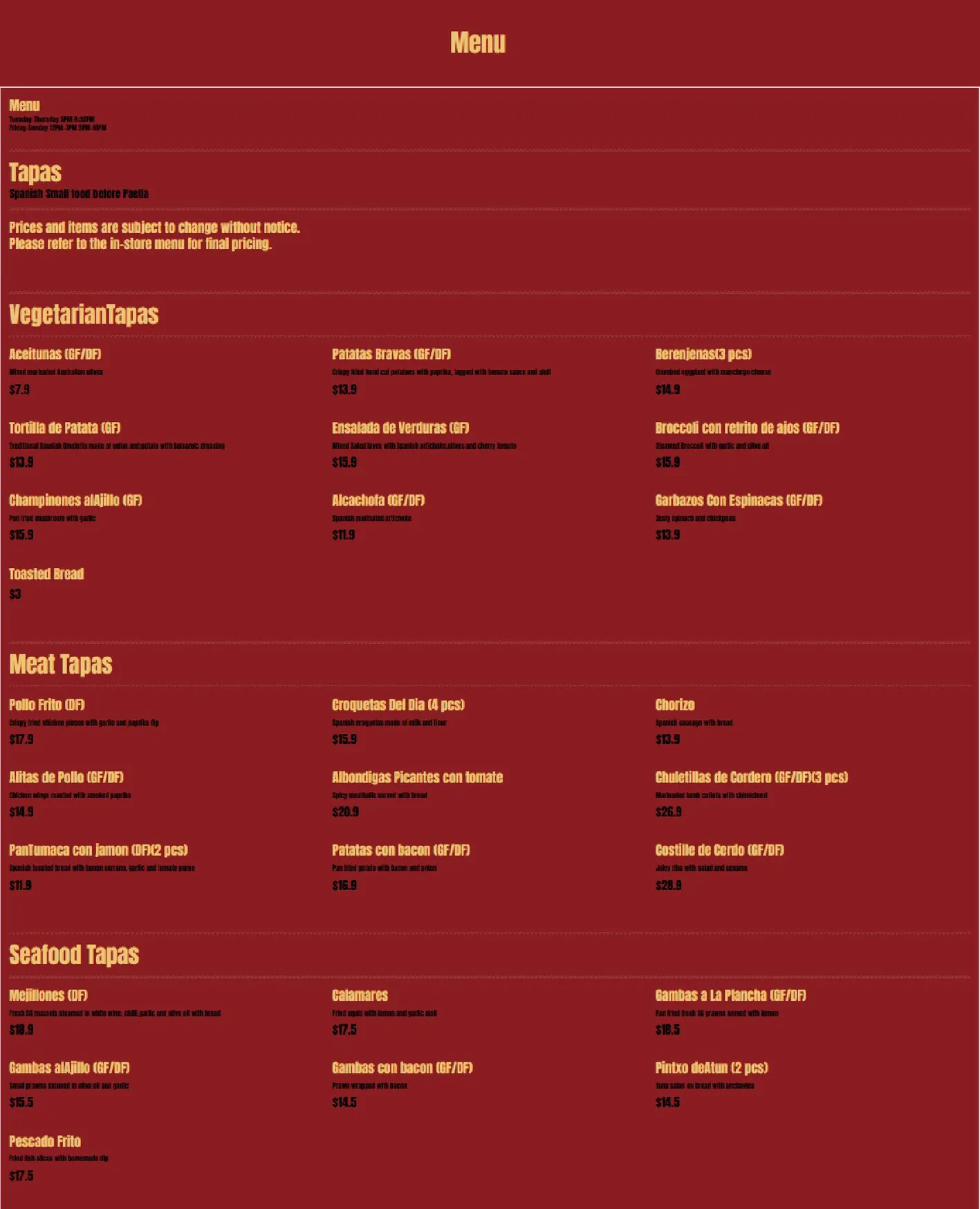 Villa 77 Spanish Tapas Bar and Restaurant menu, page 2