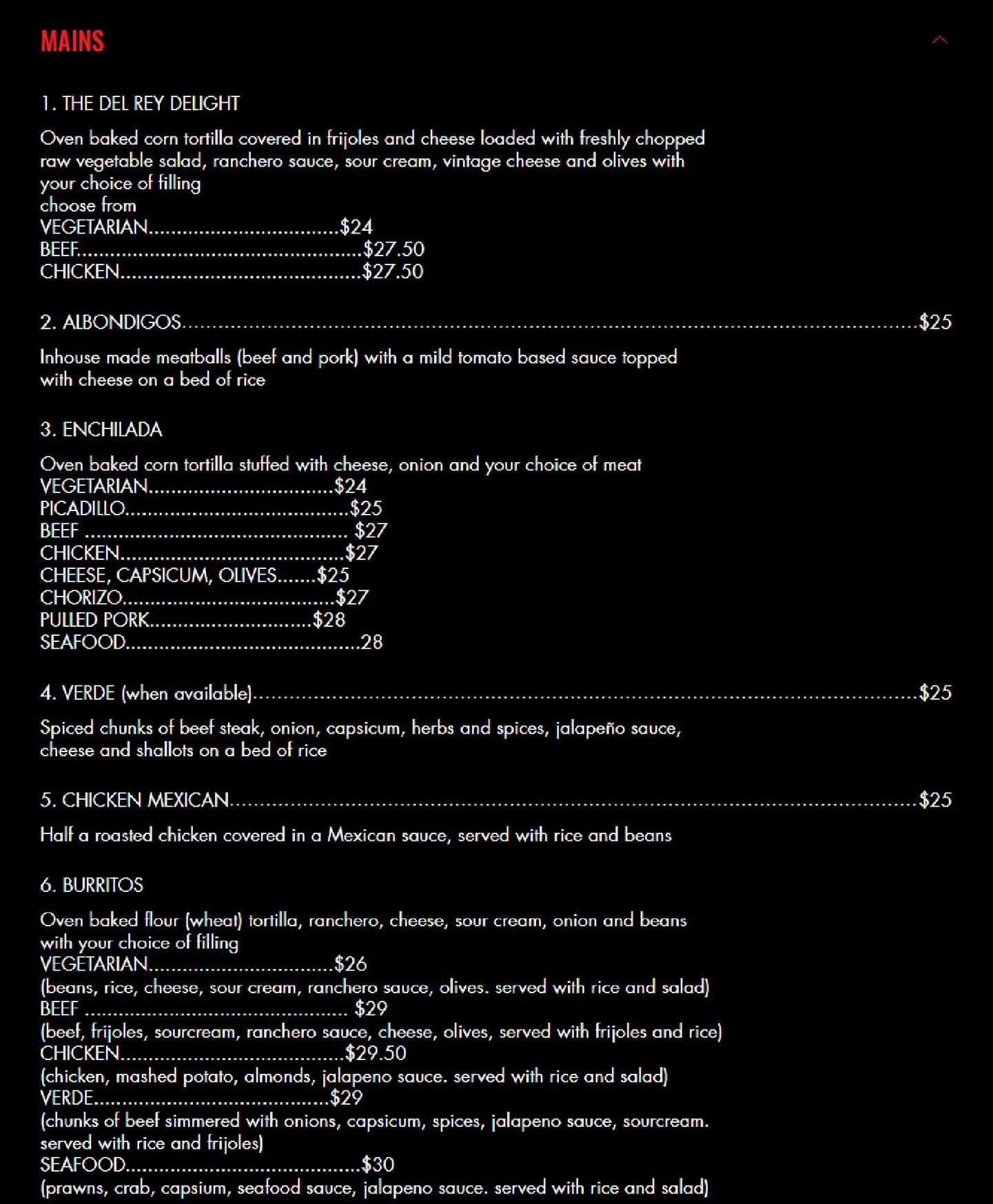 Mexicano Del Rey menu, page 1