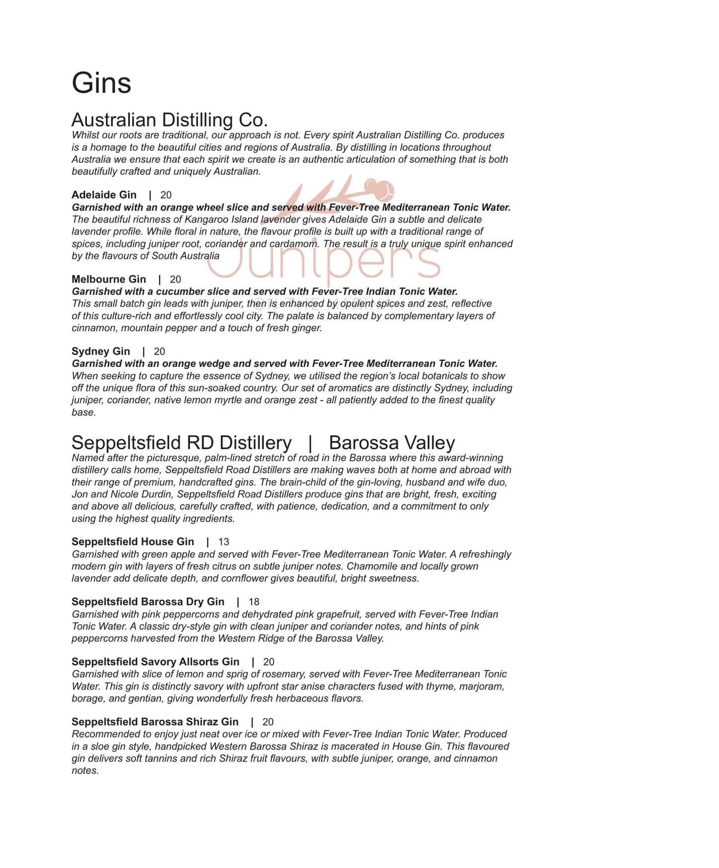Junipers On The Marina menu, page 10