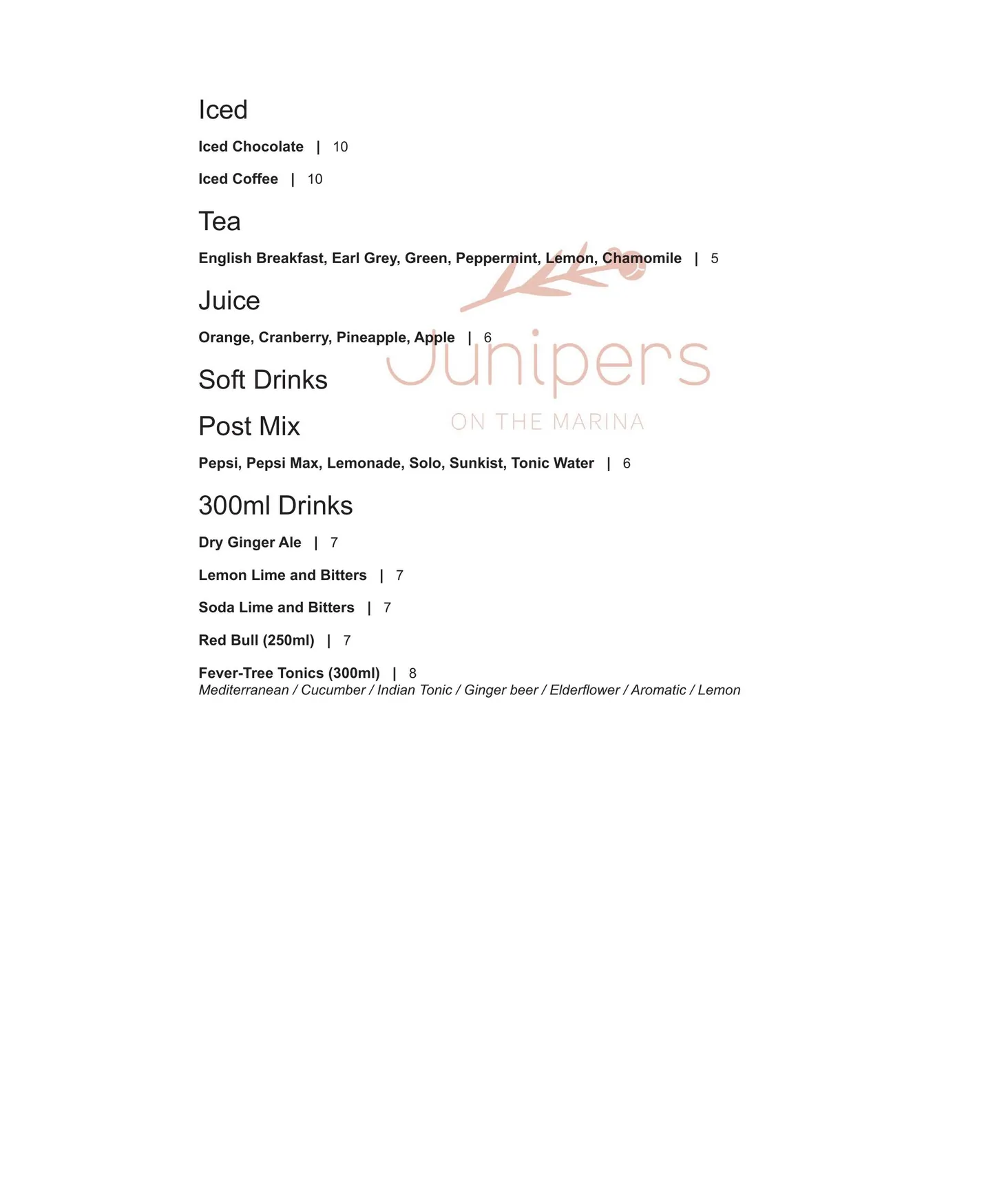 Junipers On The Marina menu, page 9
