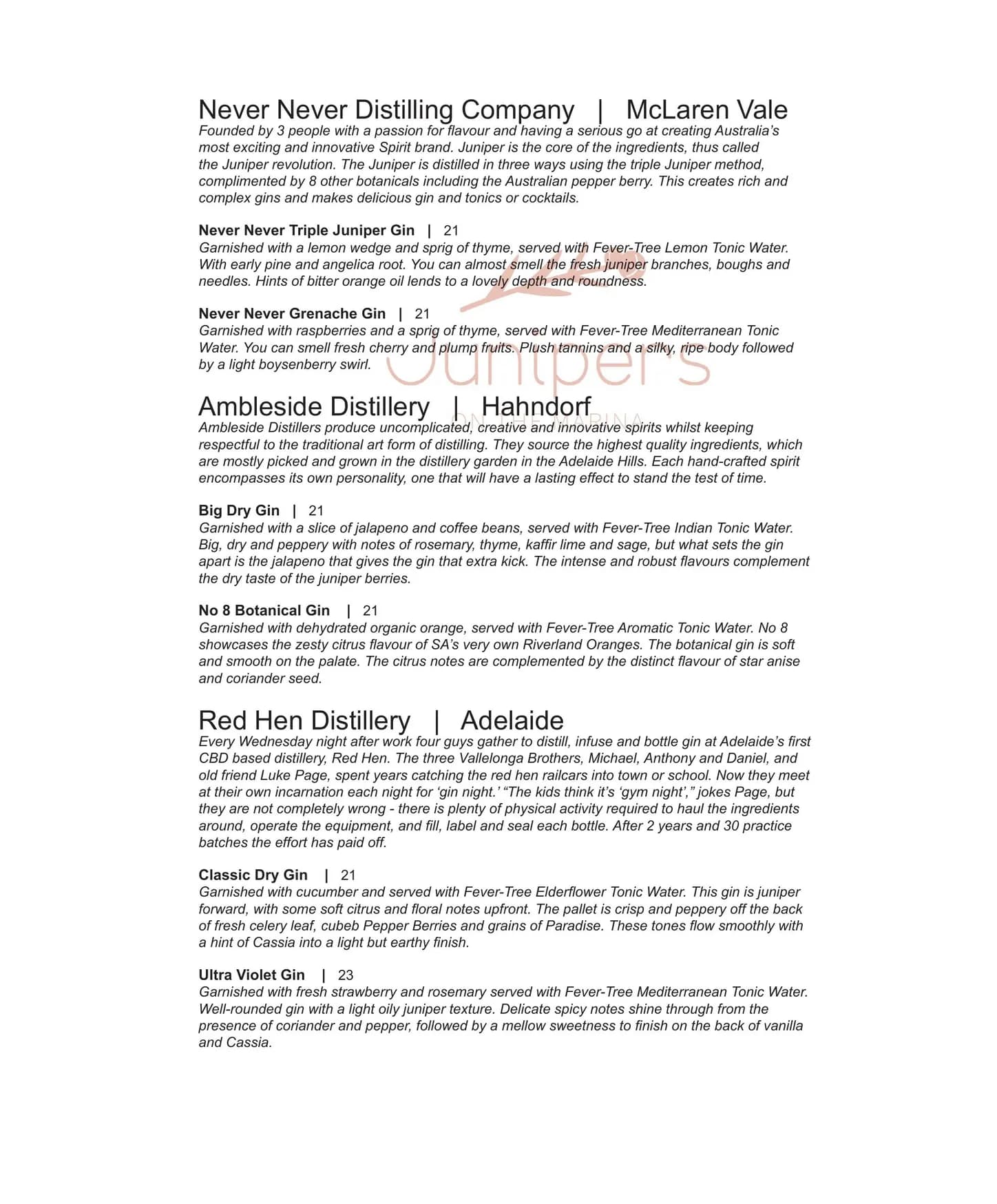 Junipers On The Marina menu, page 13